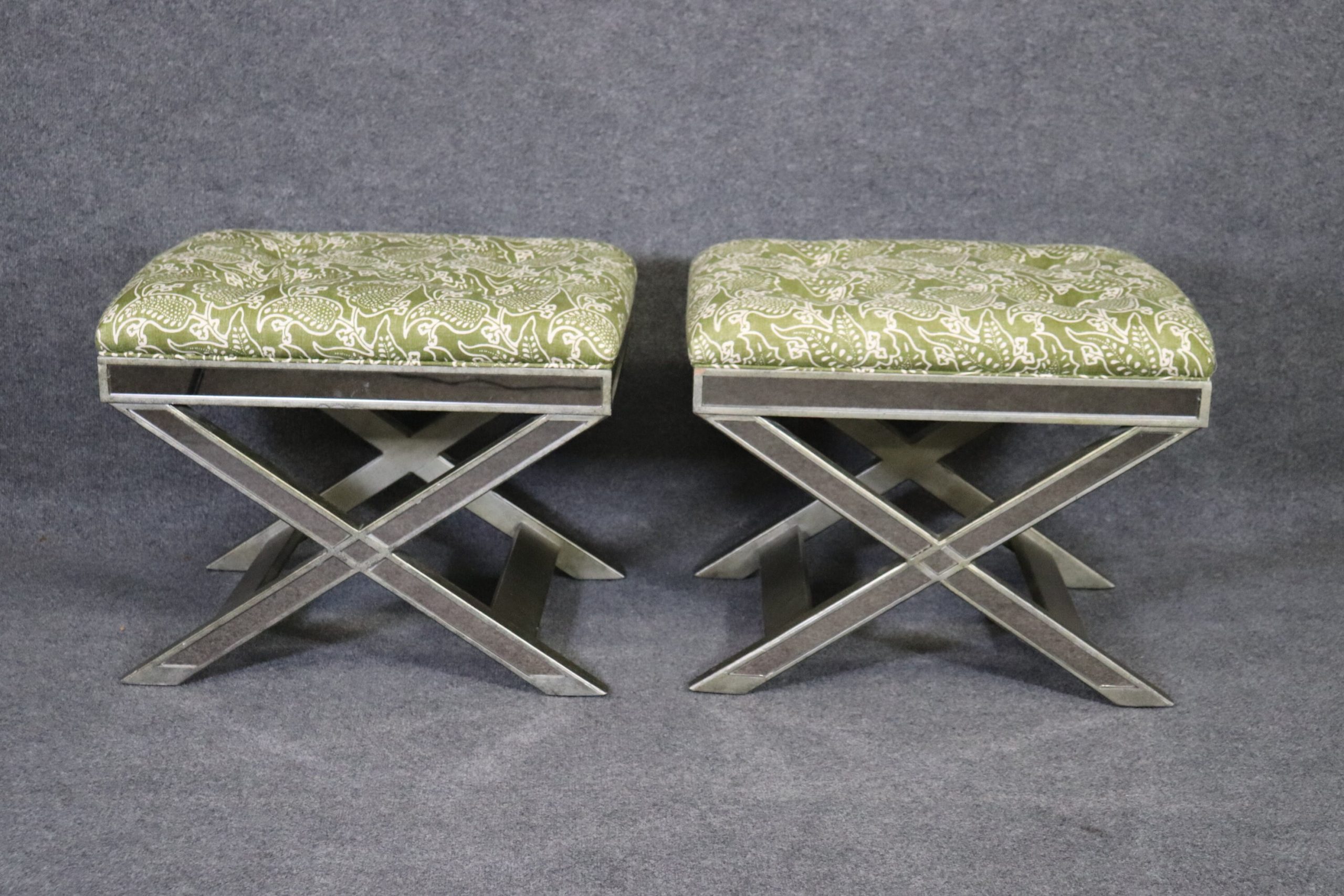 Pair of Upholstered Regency Style mirrored X Benches, Entryway Benches - Image 4