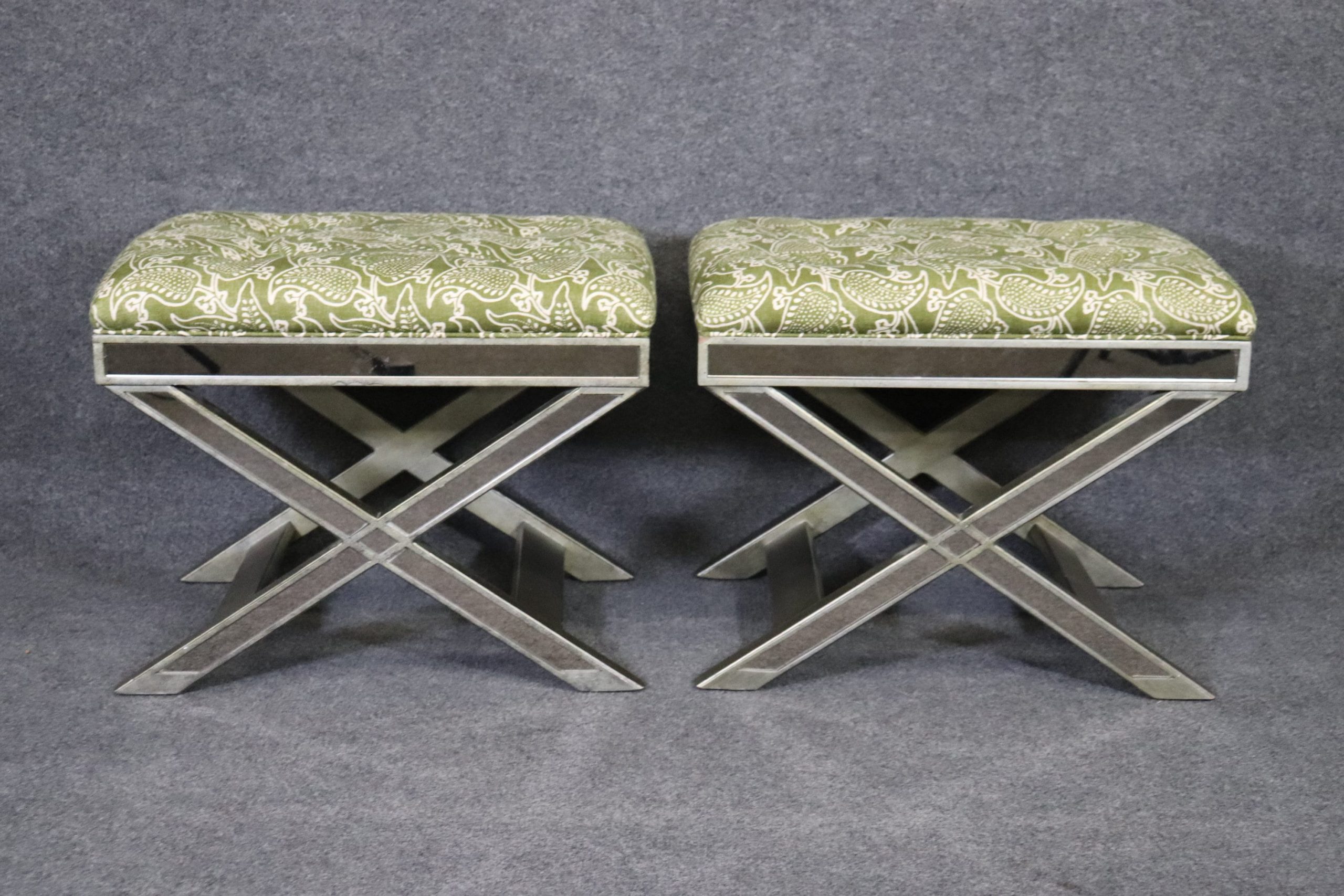 Pair of Upholstered Regency Style mirrored X Benches, Entryway Benches - Image 2