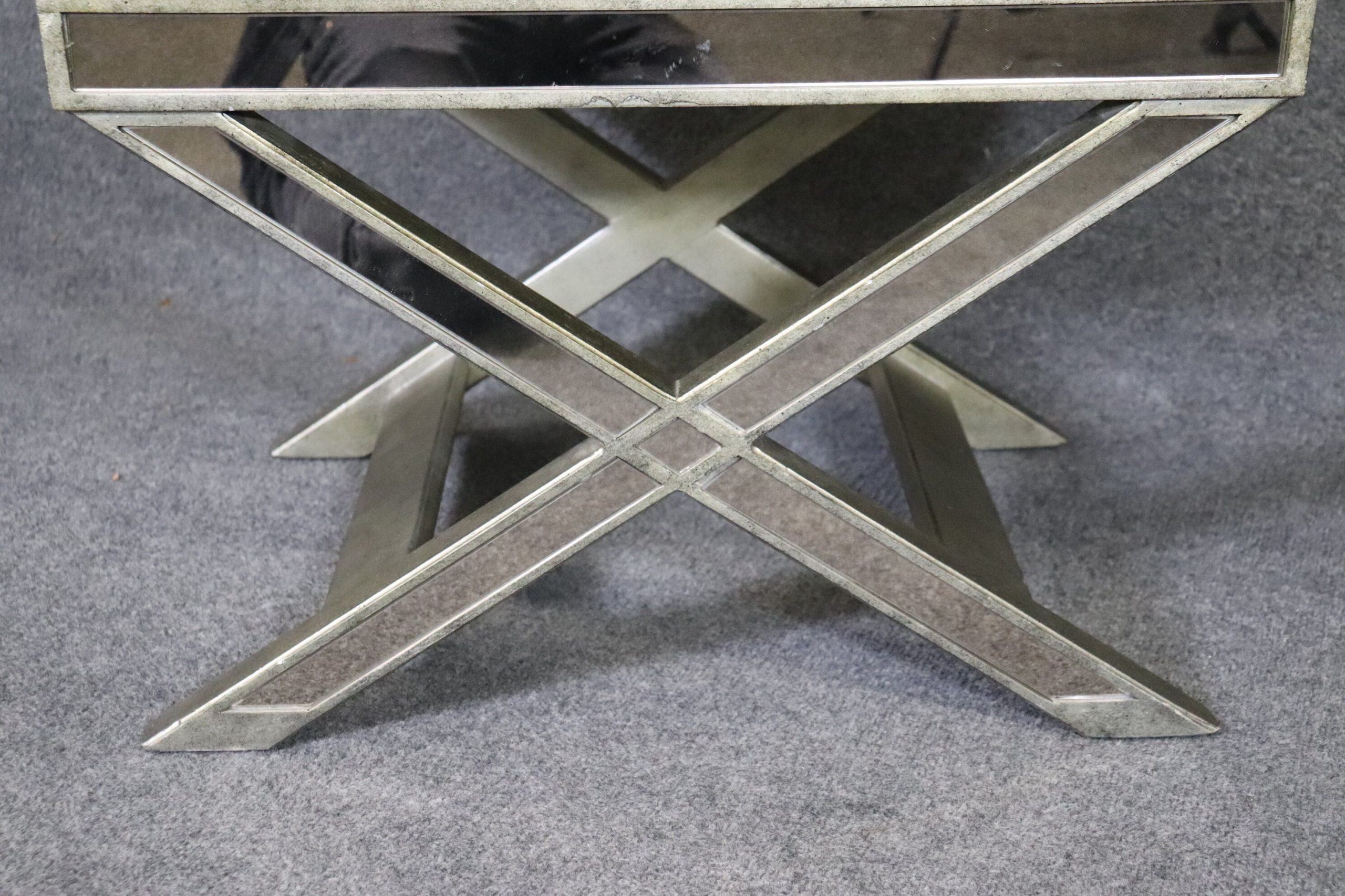 Pair of Upholstered Regency Style mirrored X Benches, Entryway Benches - Image 5