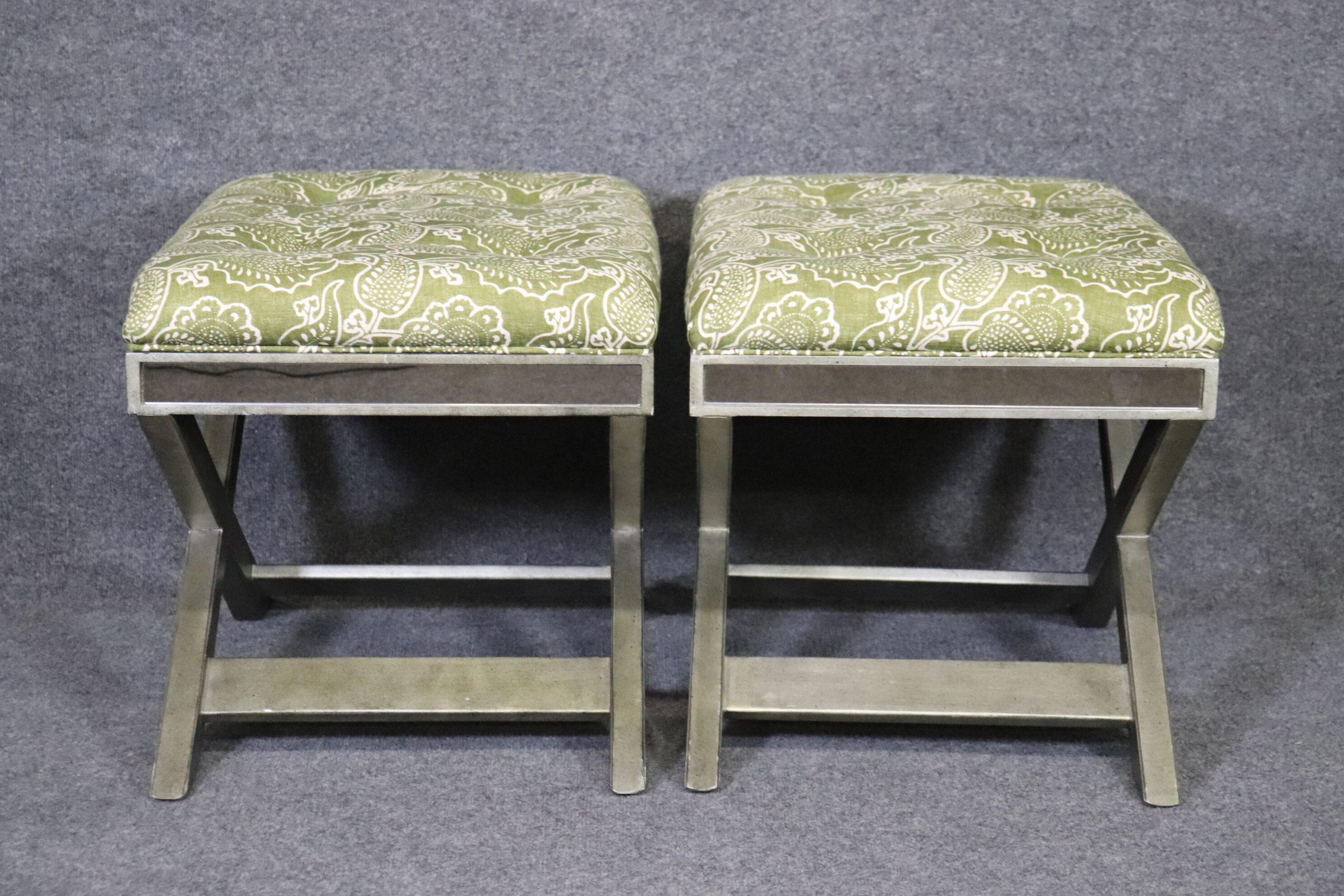 Pair of Upholstered Regency Style mirrored X Benches, Entryway Benches - Image 3