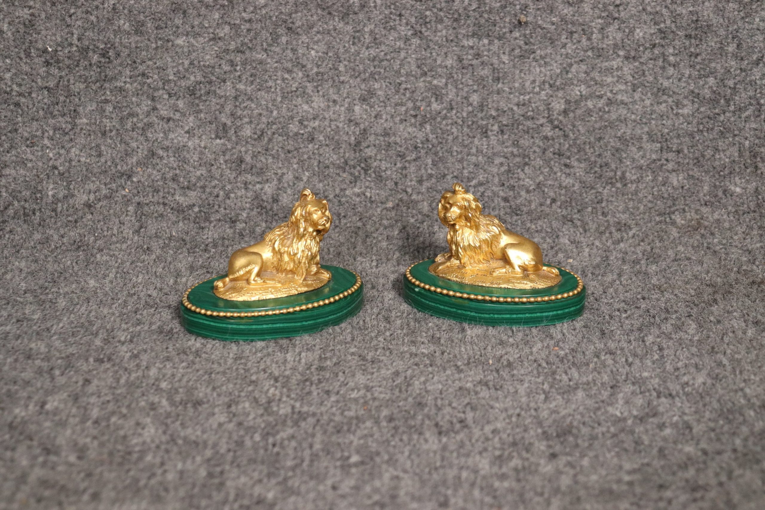 Pair of French Doré Bronze Dogs on Malachite Plinths Home Decor