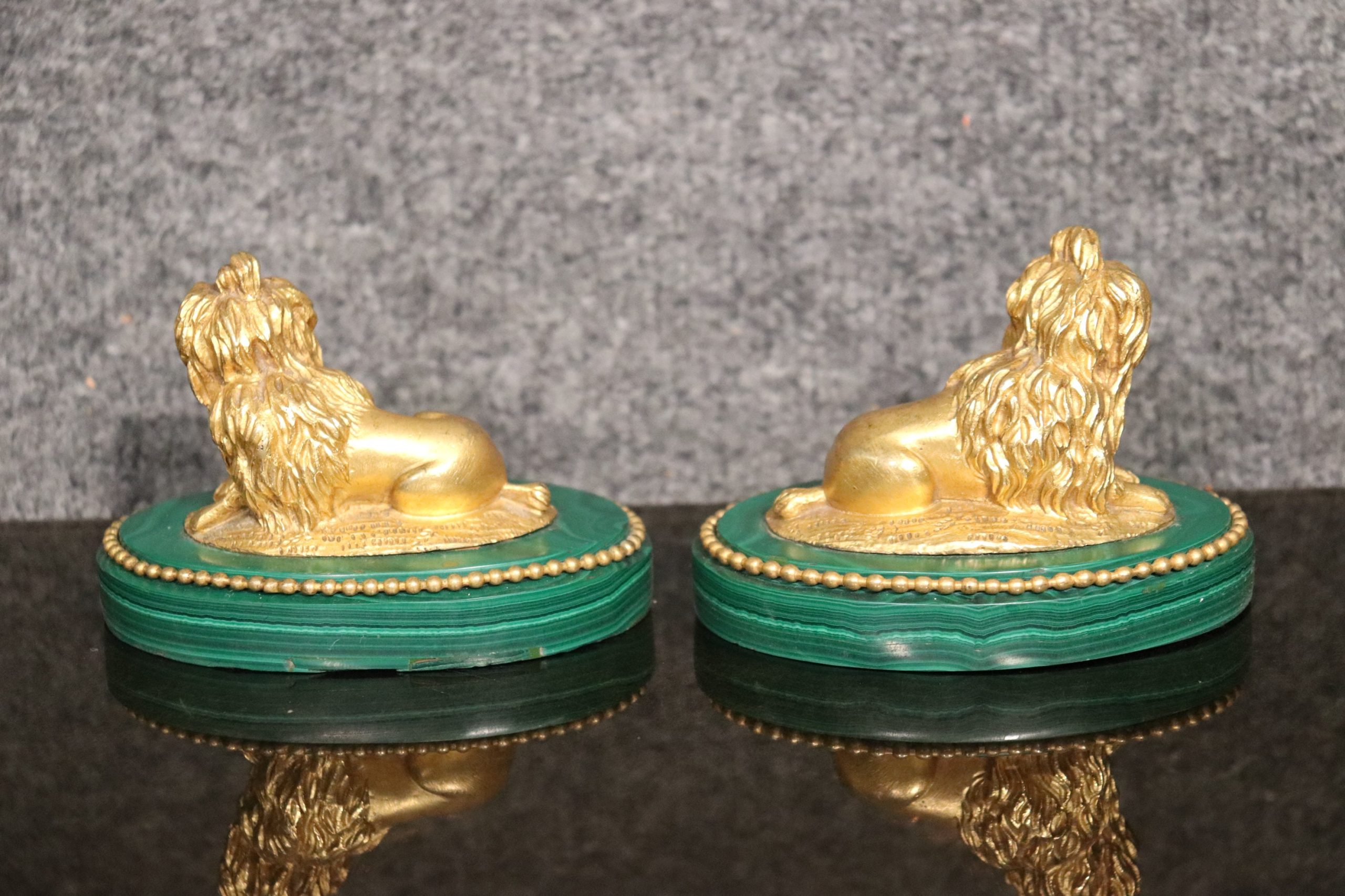Pair of French Doré Bronze Dogs on Malachite Plinths Home Decor - Image 4