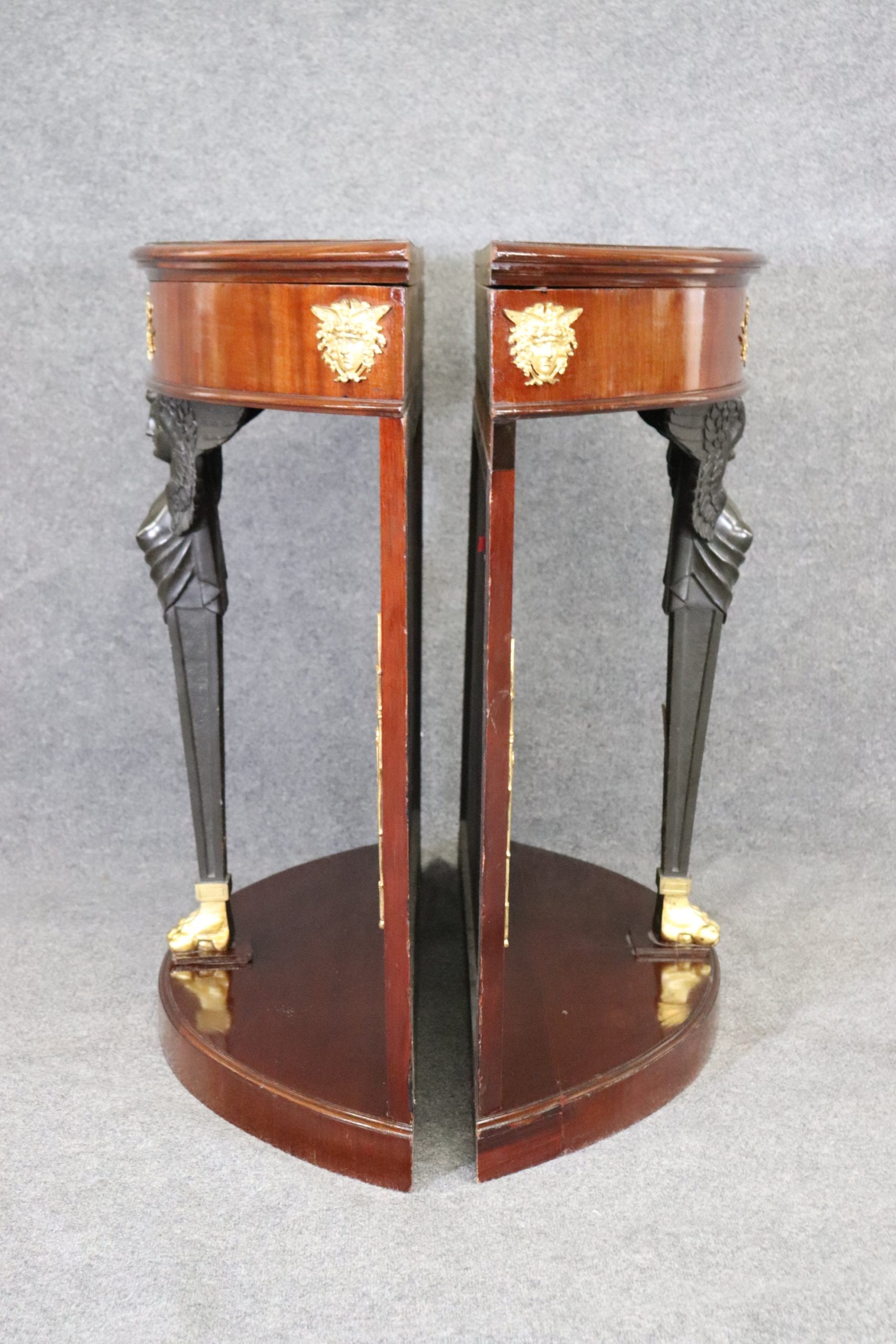 Pair of Antique Figural French Empire Style Bronze Mounted Demilune Console Tables, Server - Image 3