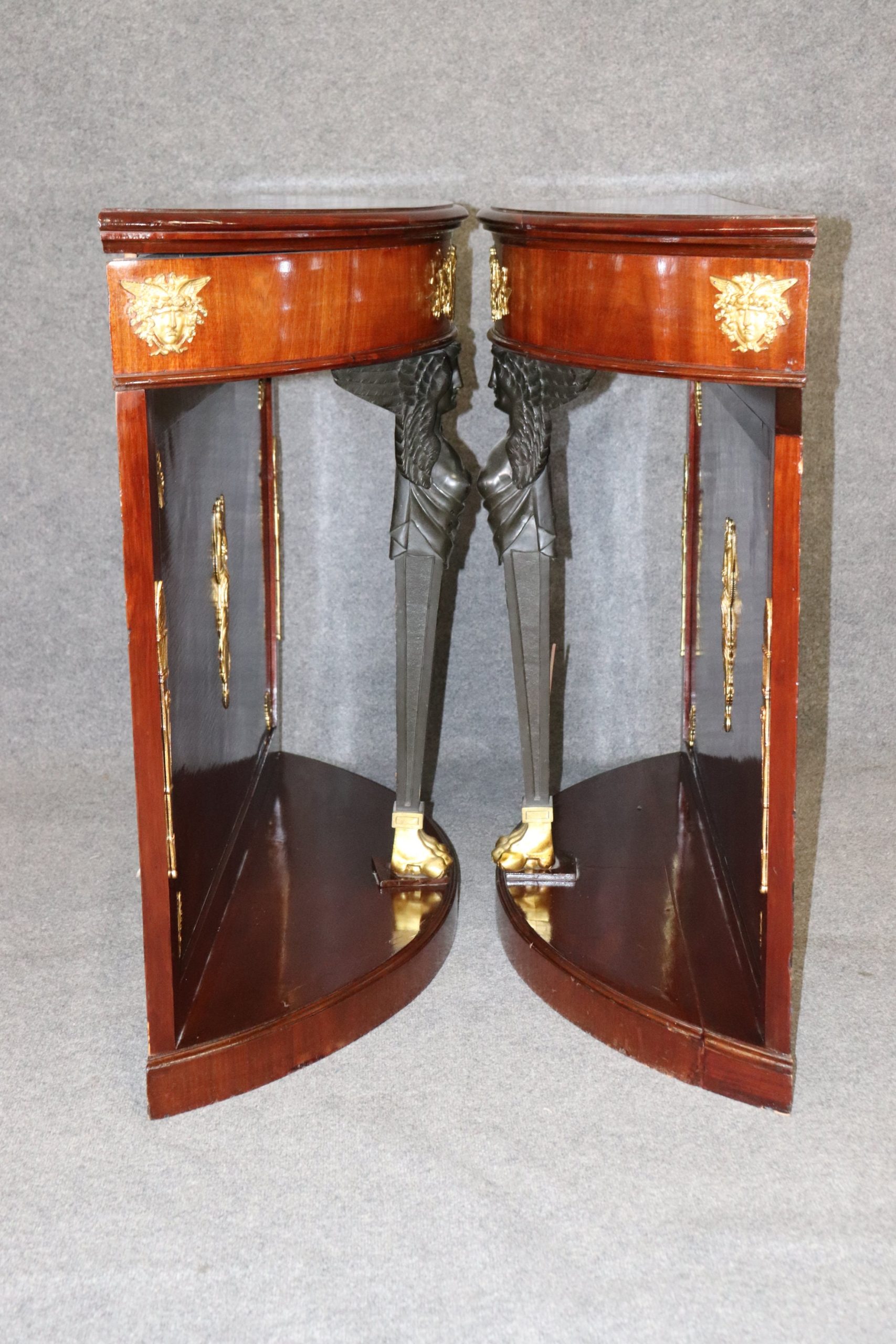 Pair of Antique Figural French Empire Style Bronze Mounted Demilune Console Tables, Server - Image 5
