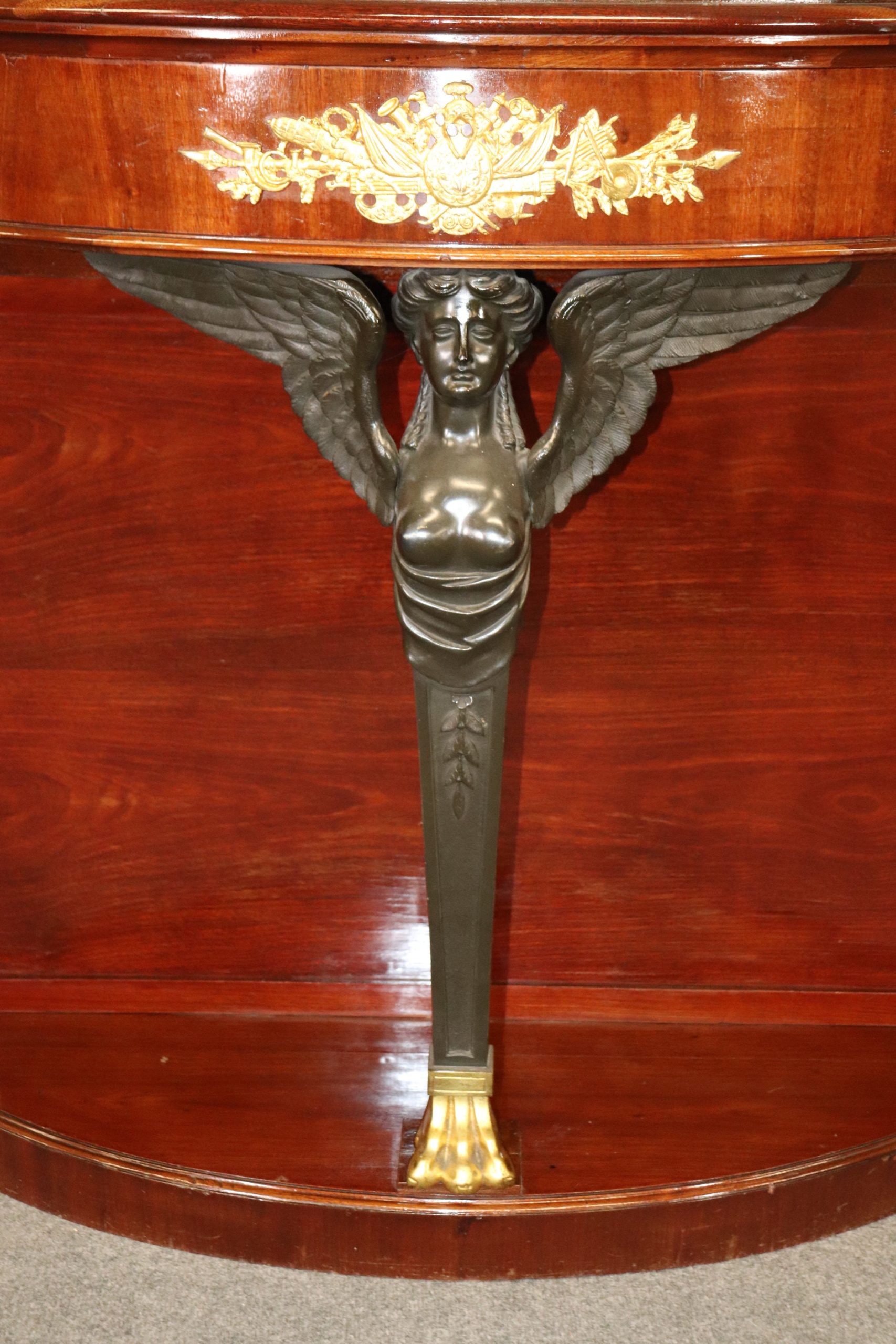 Pair of Antique Figural French Empire Style Bronze Mounted Demilune Console Tables, Server - Image 7
