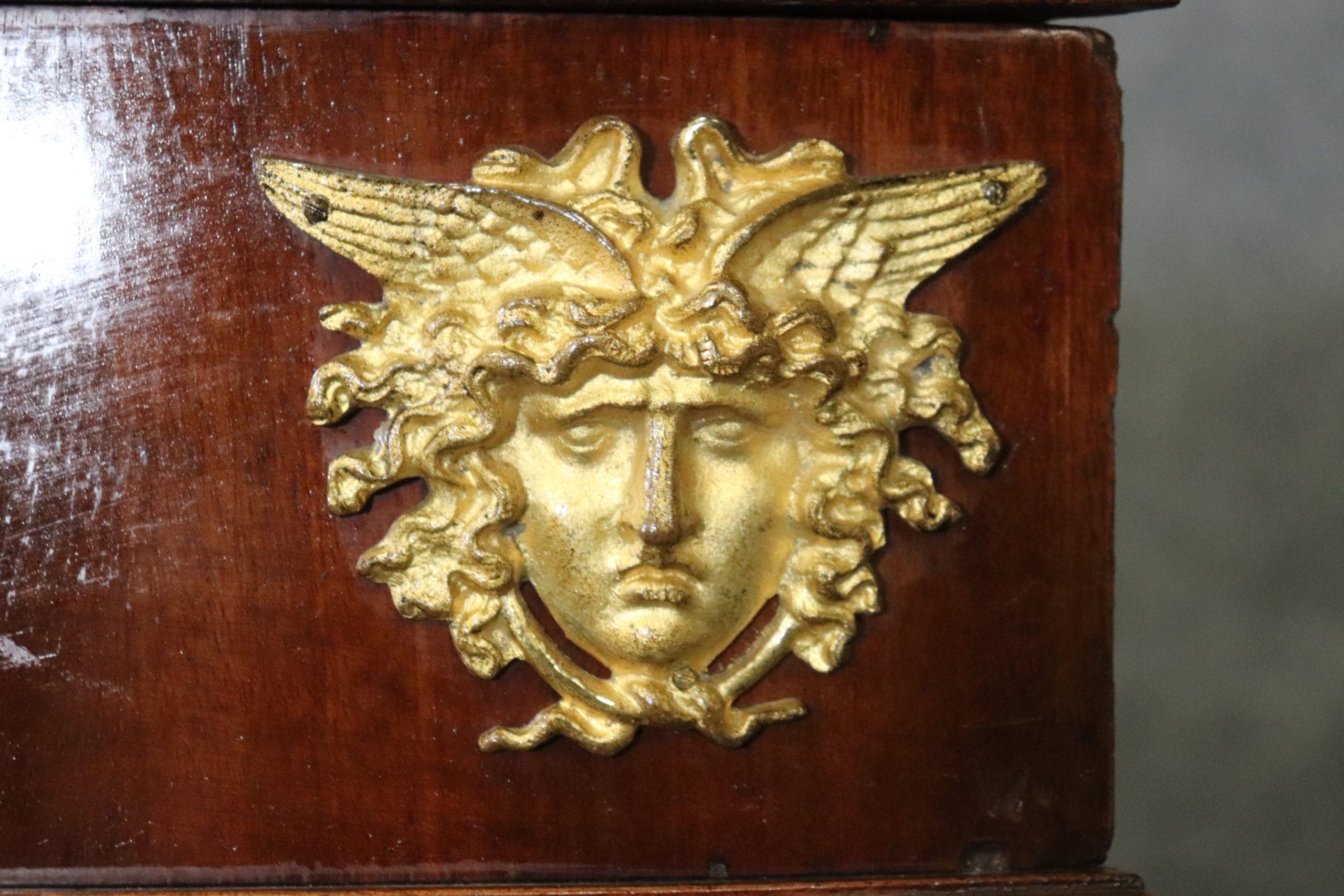 Pair of Antique Figural French Empire Style Bronze Mounted Demilune Console Tables, Server - Image 9