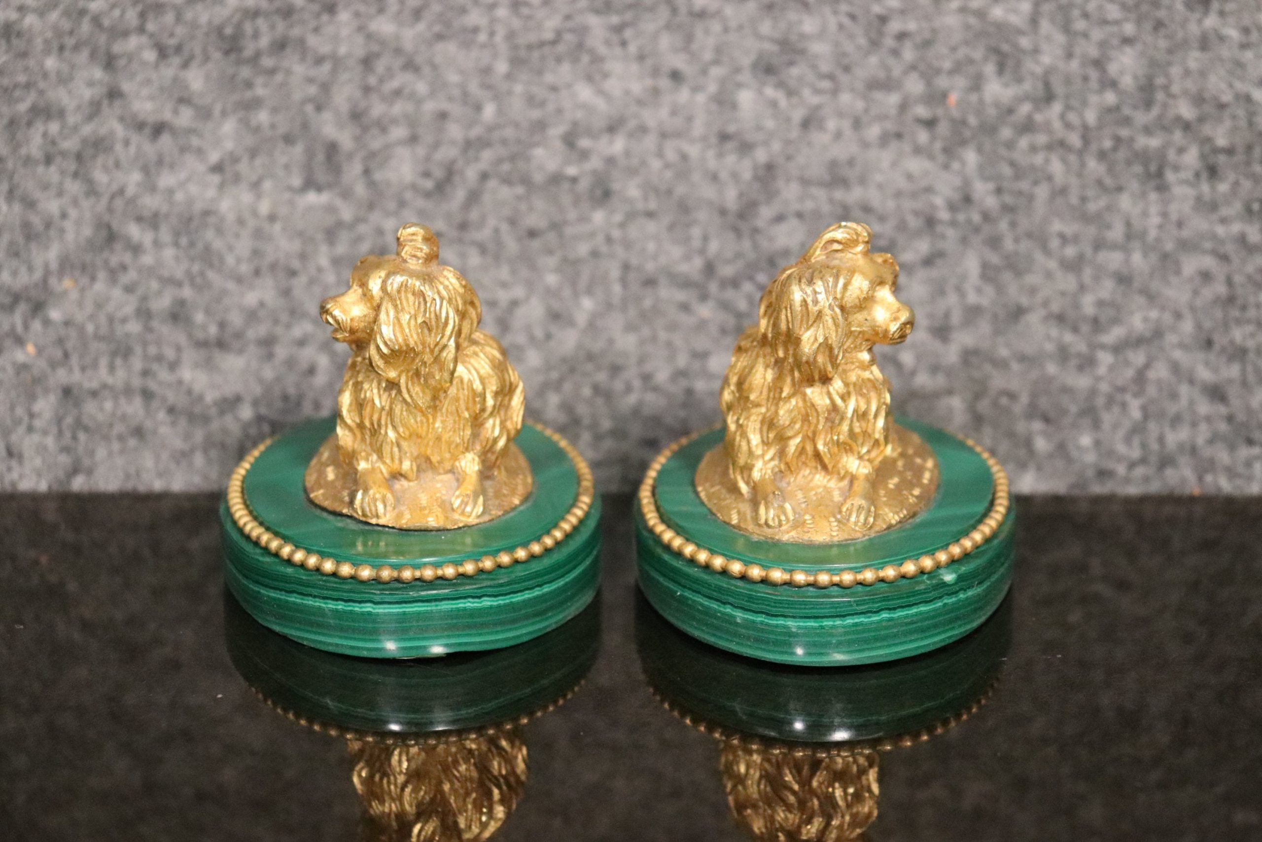 Pair of French Doré Bronze Dogs on Malachite Plinths Home Decor - Image 3