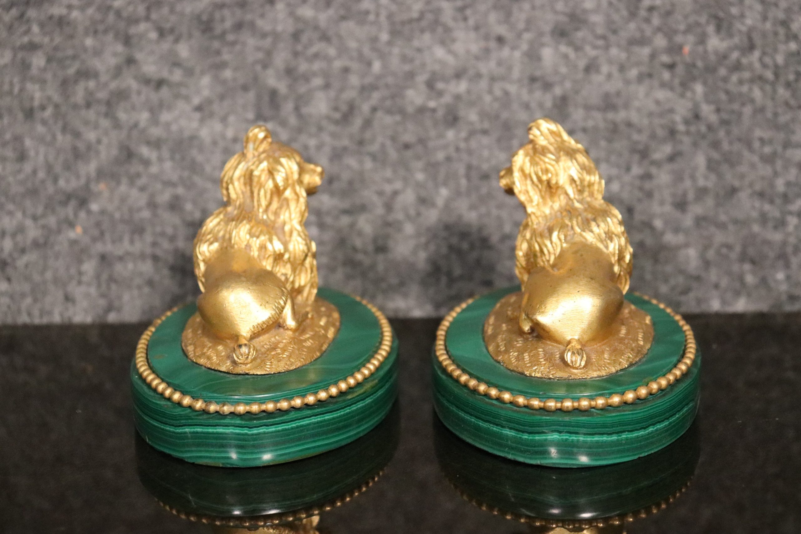 Pair of French Doré Bronze Dogs on Malachite Plinths Home Decor - Image 5