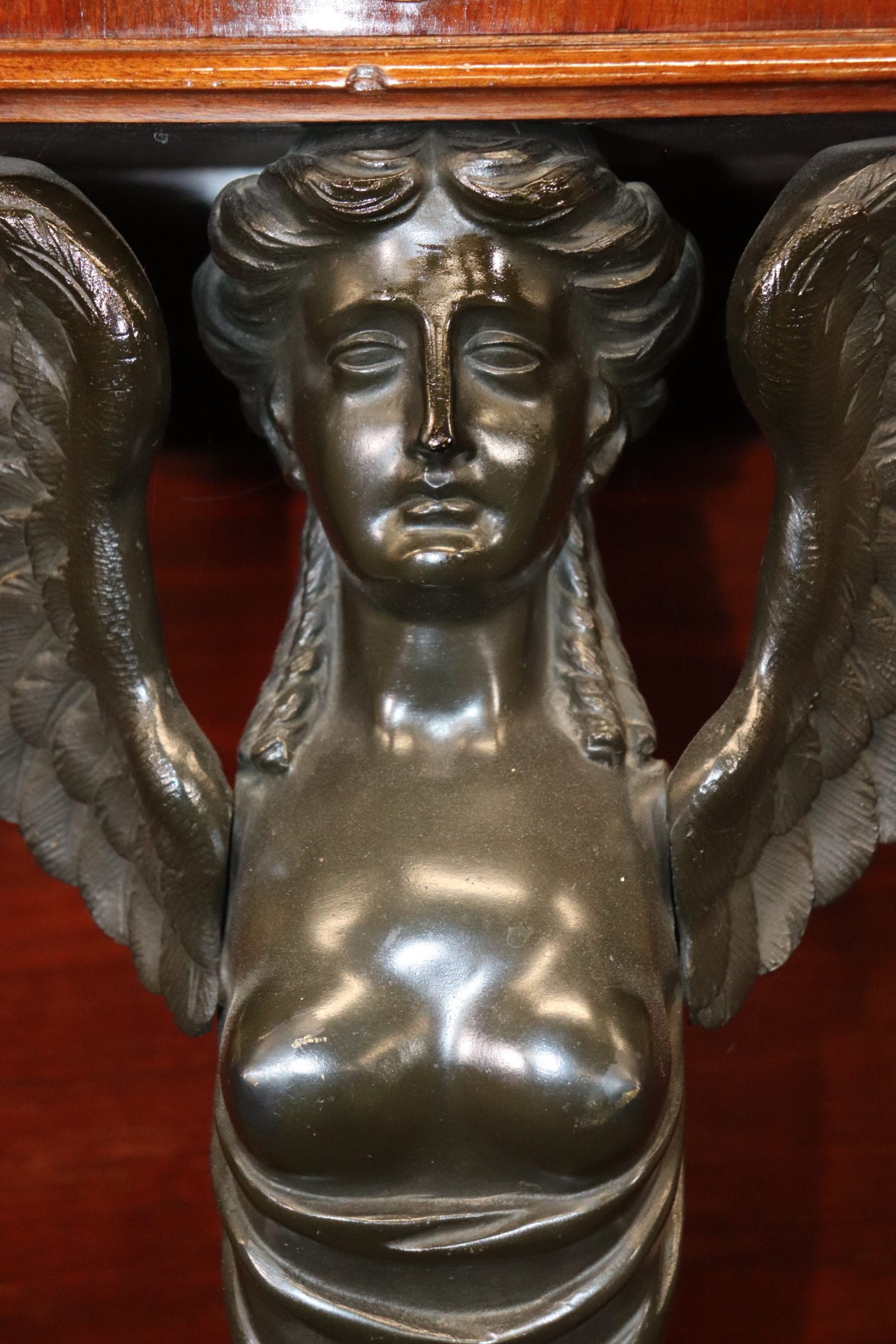 Pair of Antique Figural French Empire Style Bronze Mounted Demilune Console Tables, Server - Image 10