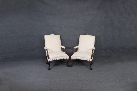 Pair of Carved Mahogany Maitland Smith Style Armchairs, Lounge chairs with Creme Floral Upholstery