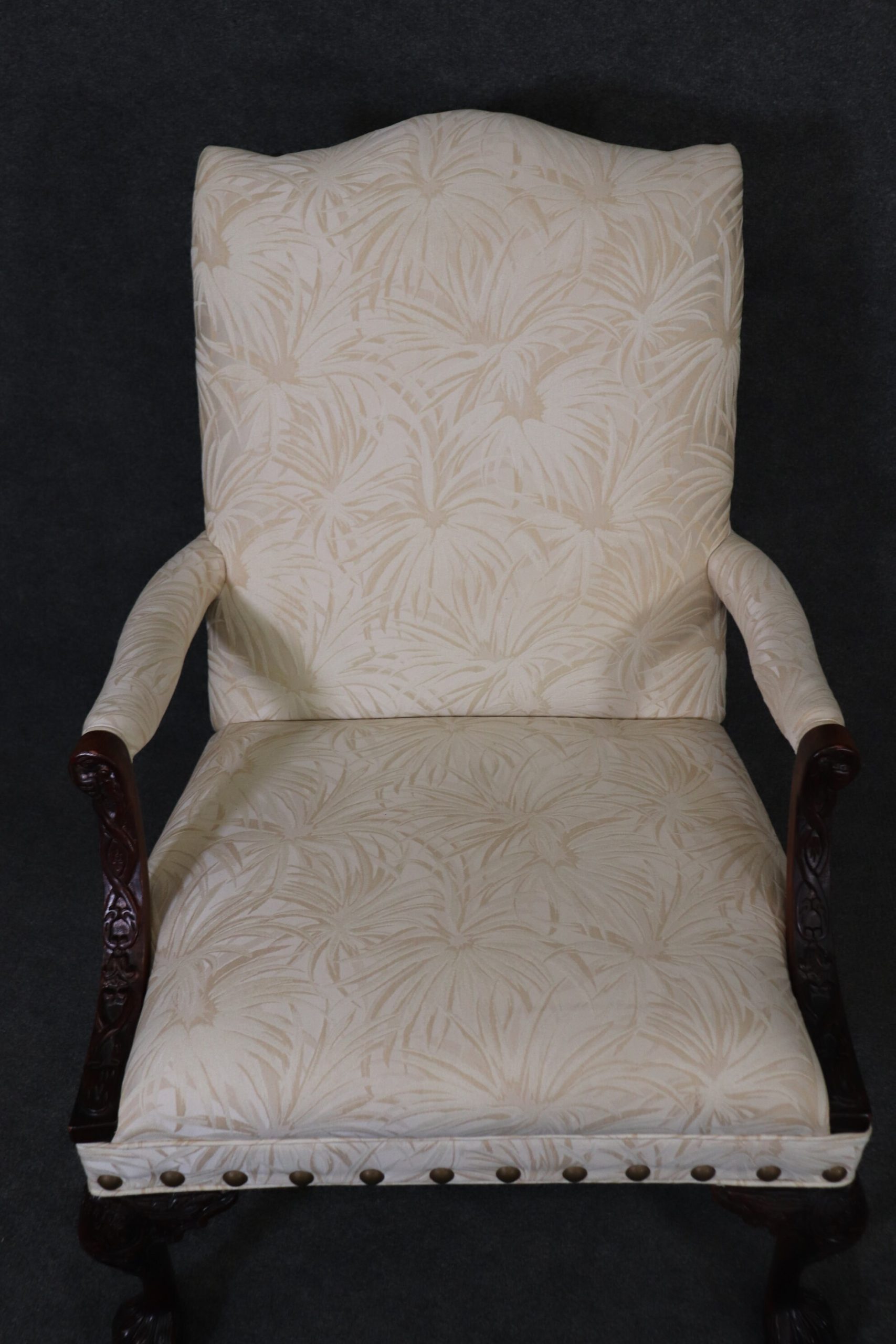 Pair of Carved Mahogany Maitland Smith Style Armchairs, Lounge chairs with Creme Floral Upholstery - Image 10