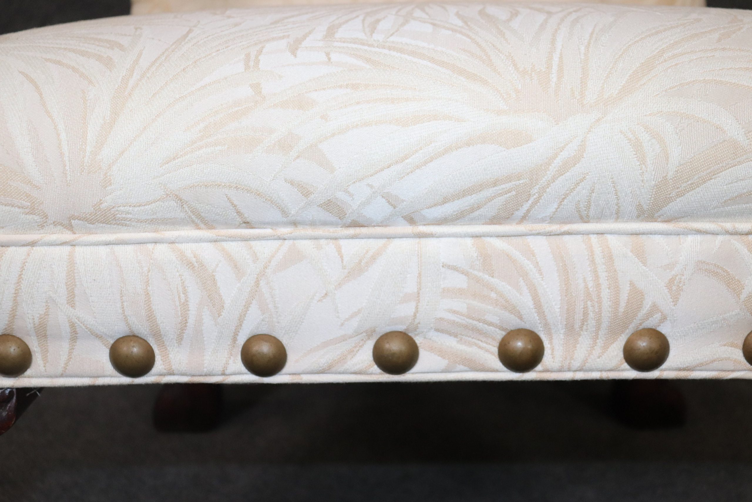 Pair of Carved Mahogany Maitland Smith Style Armchairs, Lounge chairs with Creme Floral Upholstery - Image 9