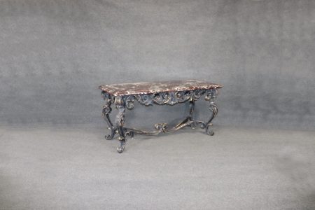 French Rococo Table Carved Ebonzied Black and Gold Rectangular Center Table, Kitchen Table With a Rouge Marble Top