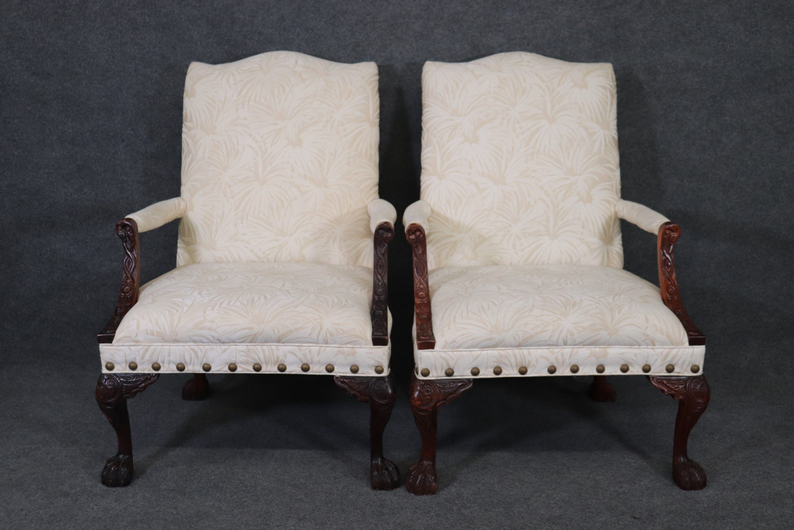 Pair of Carved Mahogany Maitland Smith Style Armchairs, Lounge chairs with Creme Floral Upholstery - Image 2