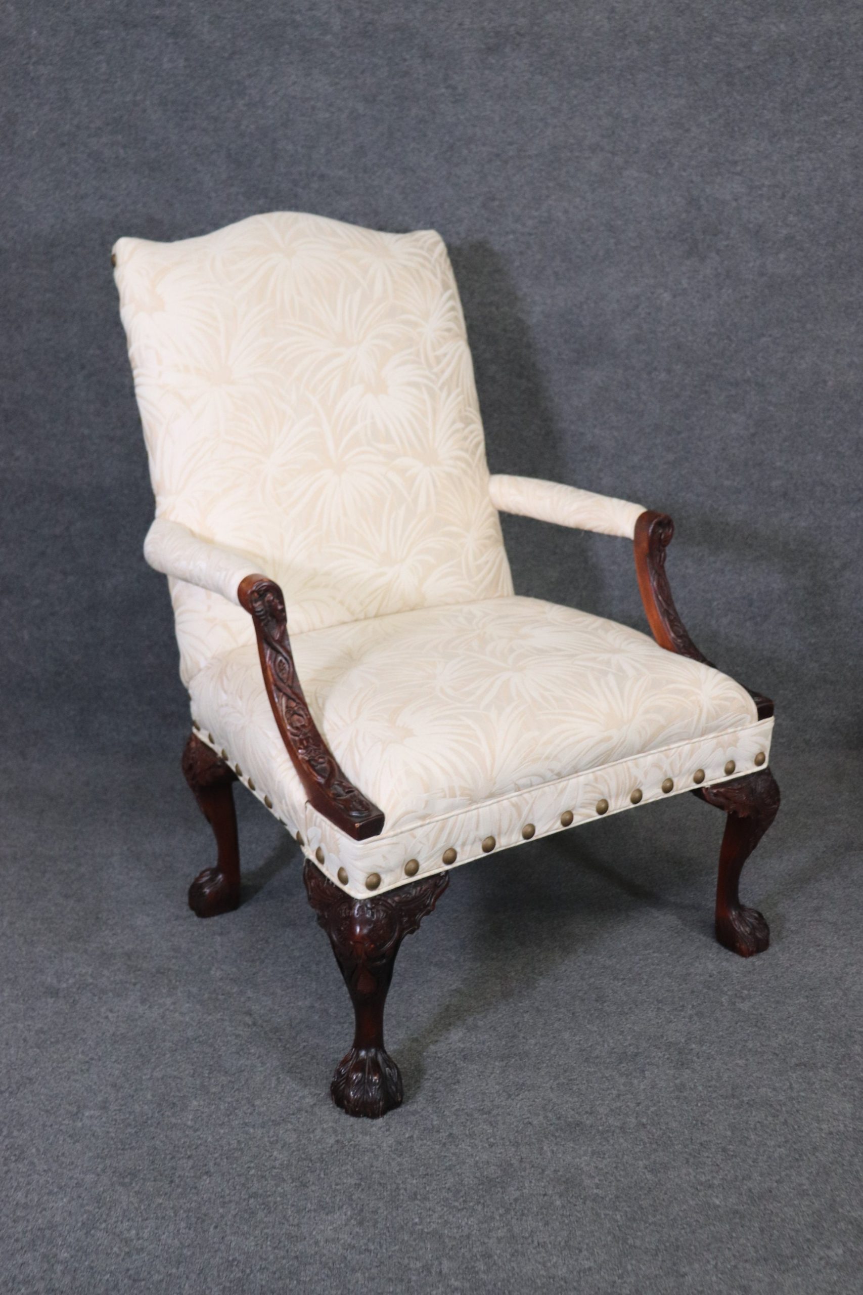 Pair of Carved Mahogany Maitland Smith Style Armchairs, Lounge chairs with Creme Floral Upholstery - Image 6