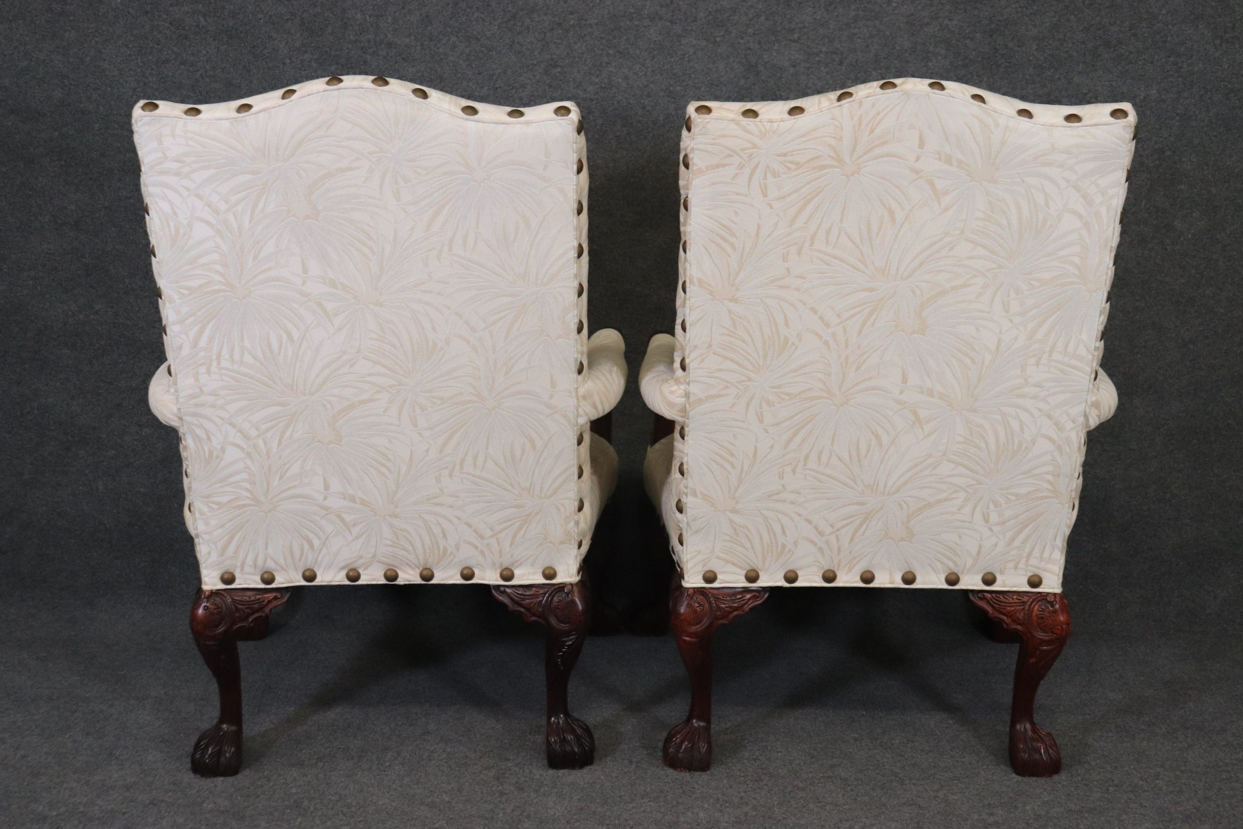 Pair of Carved Mahogany Maitland Smith Style Armchairs, Lounge chairs with Creme Floral Upholstery - Image 4