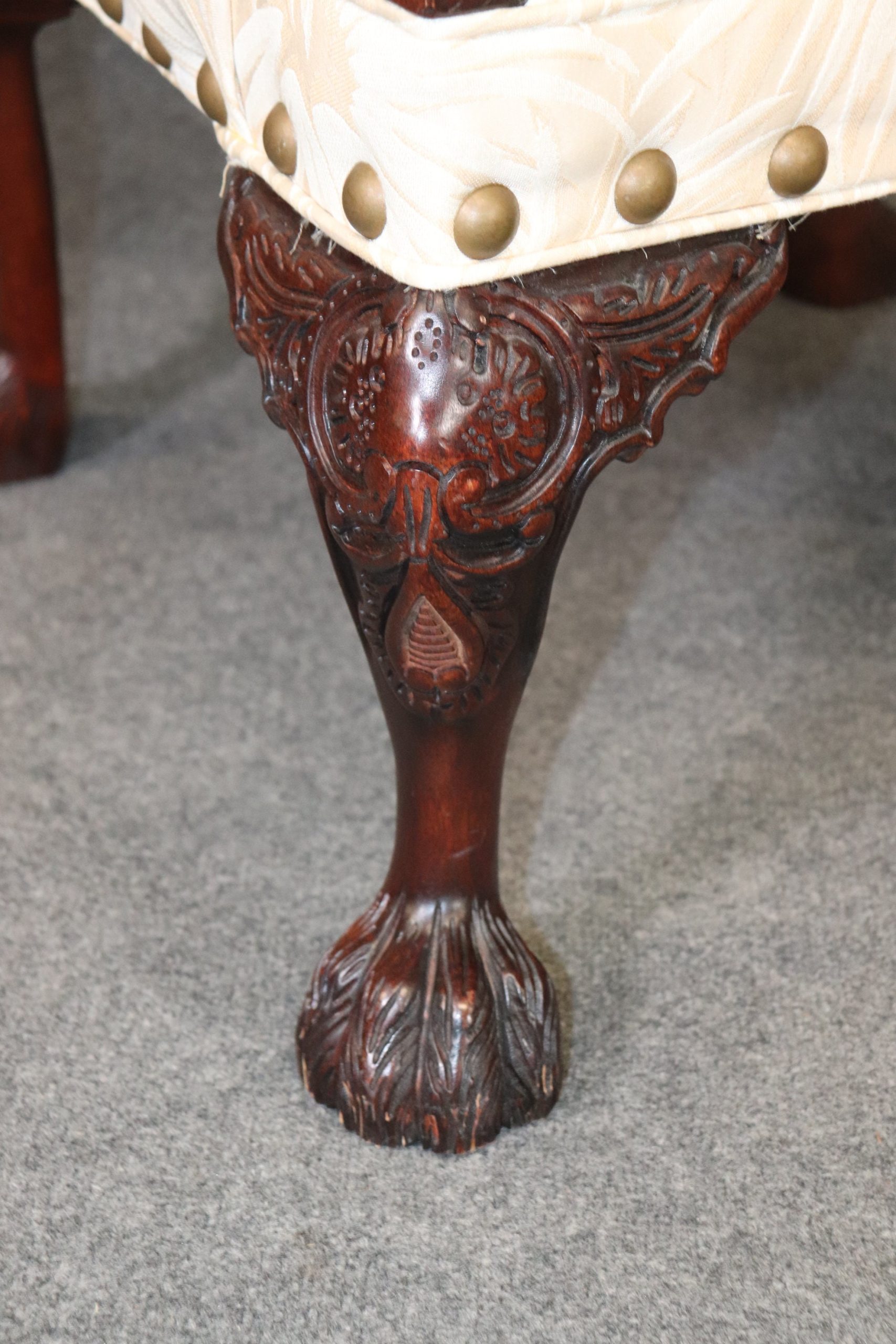 Pair of Carved Mahogany Maitland Smith Style Armchairs, Lounge chairs with Creme Floral Upholstery - Image 7