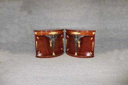 Pair of Antique Figural French Empire Style Bronze Mounted Demilune Console Tables, Server
