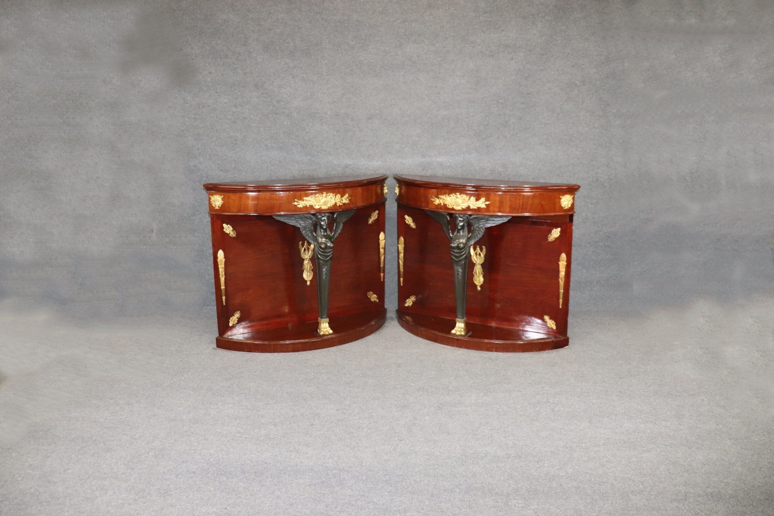 Pair of Antique Figural French Empire Style Bronze Mounted Demilune Console Tables, Server
