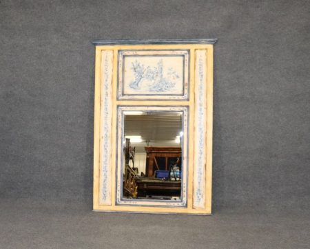 Country French Style Creme and Blue Paint Decorated Trumeau Mirror, Wall Hanging Mirror