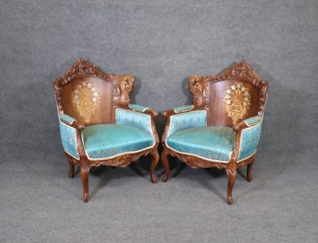Antique Pair of Carved Louis XV Style Armchairs Bergeres With Mother of Pearl Decoration, Club Chairs