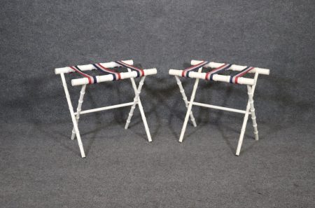 Mid Century Modern Pair of Creme Paint Decorated Faux Bamboo Luggage Racks In The Manner of Jacques Adnet, MCM Decor