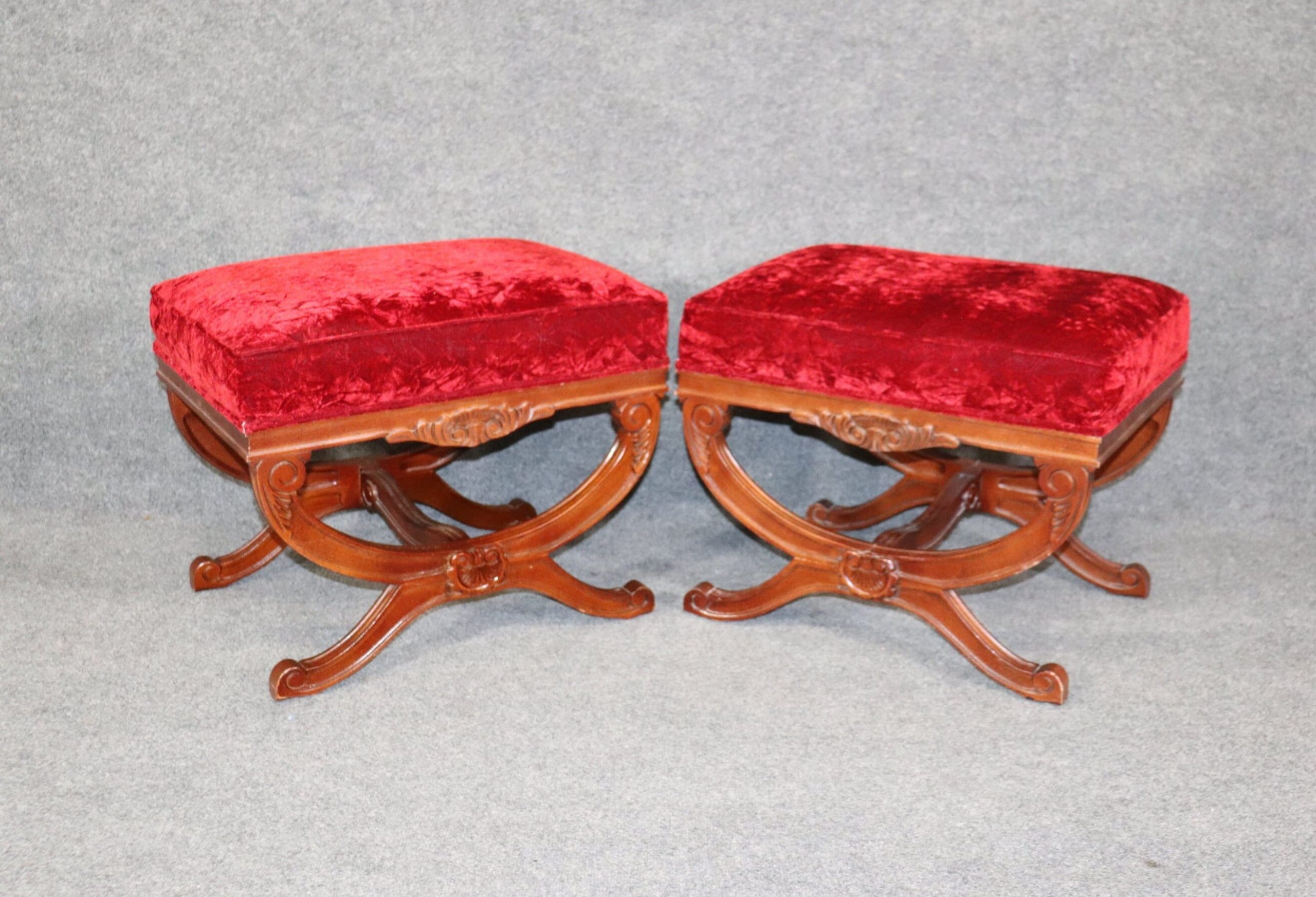 Pair of Regency Style Carved Upholstered Benches, Entryway Bench