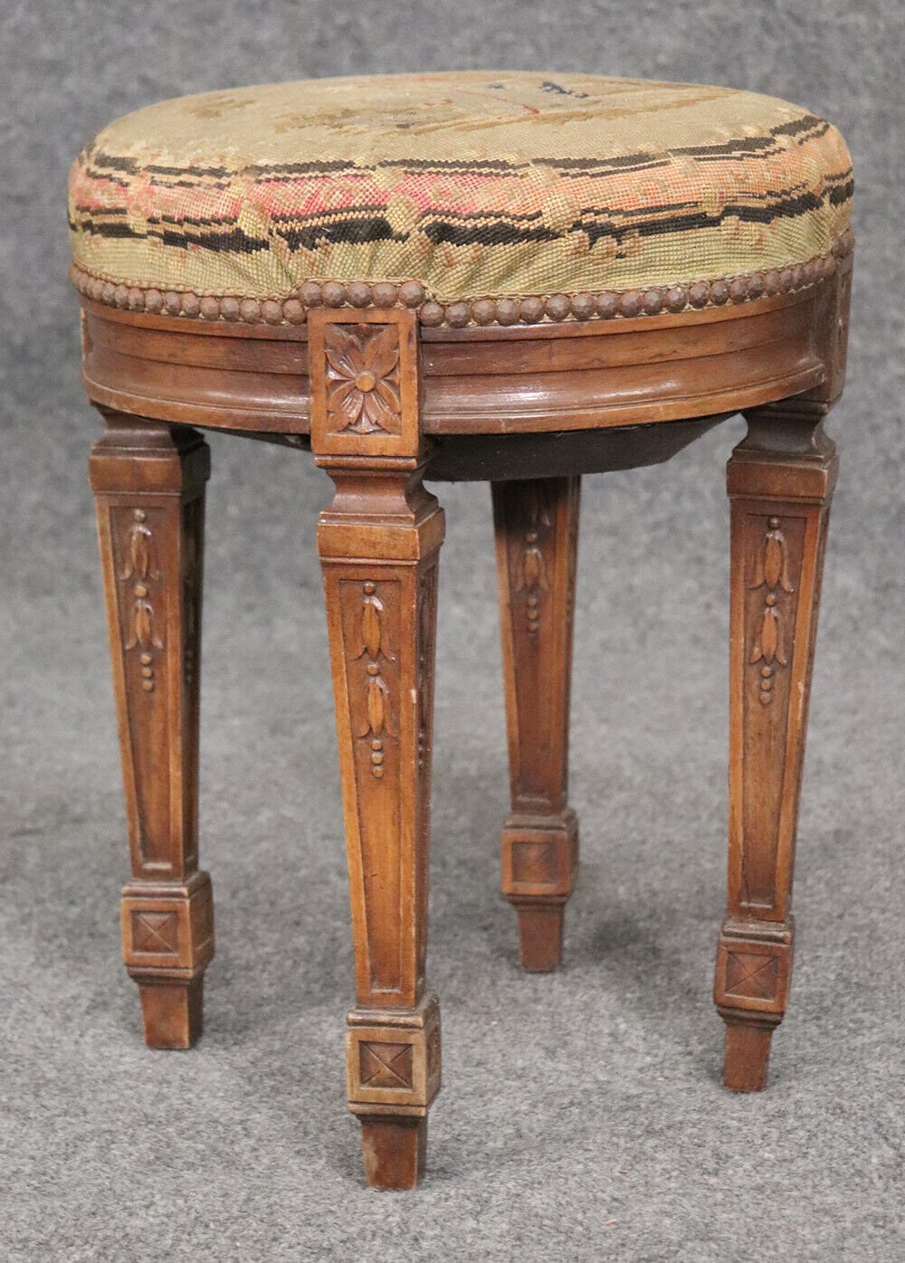 Petite Antique French Louis XVI Walnut Tapestry Needlepoint Upholstered Stool Vanity Stool Antique Furniture Antique Decor Vintage Furniture - Image 2