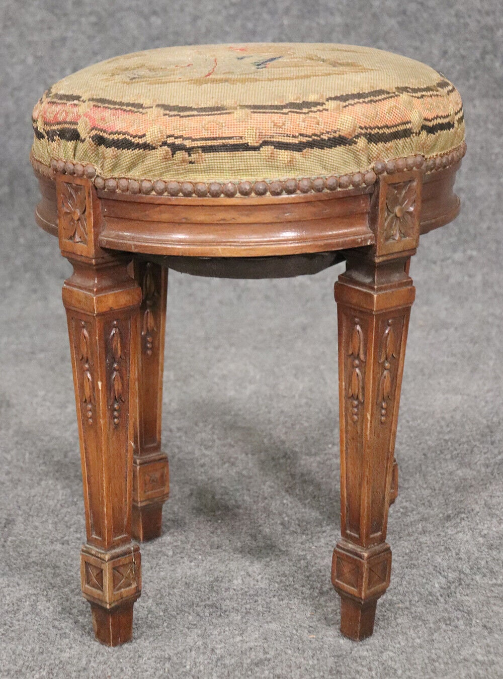 Petite Antique French Louis XVI Walnut Tapestry Needlepoint Upholstered Stool Vanity Stool Antique Furniture Antique Decor Vintage Furniture - Image 4