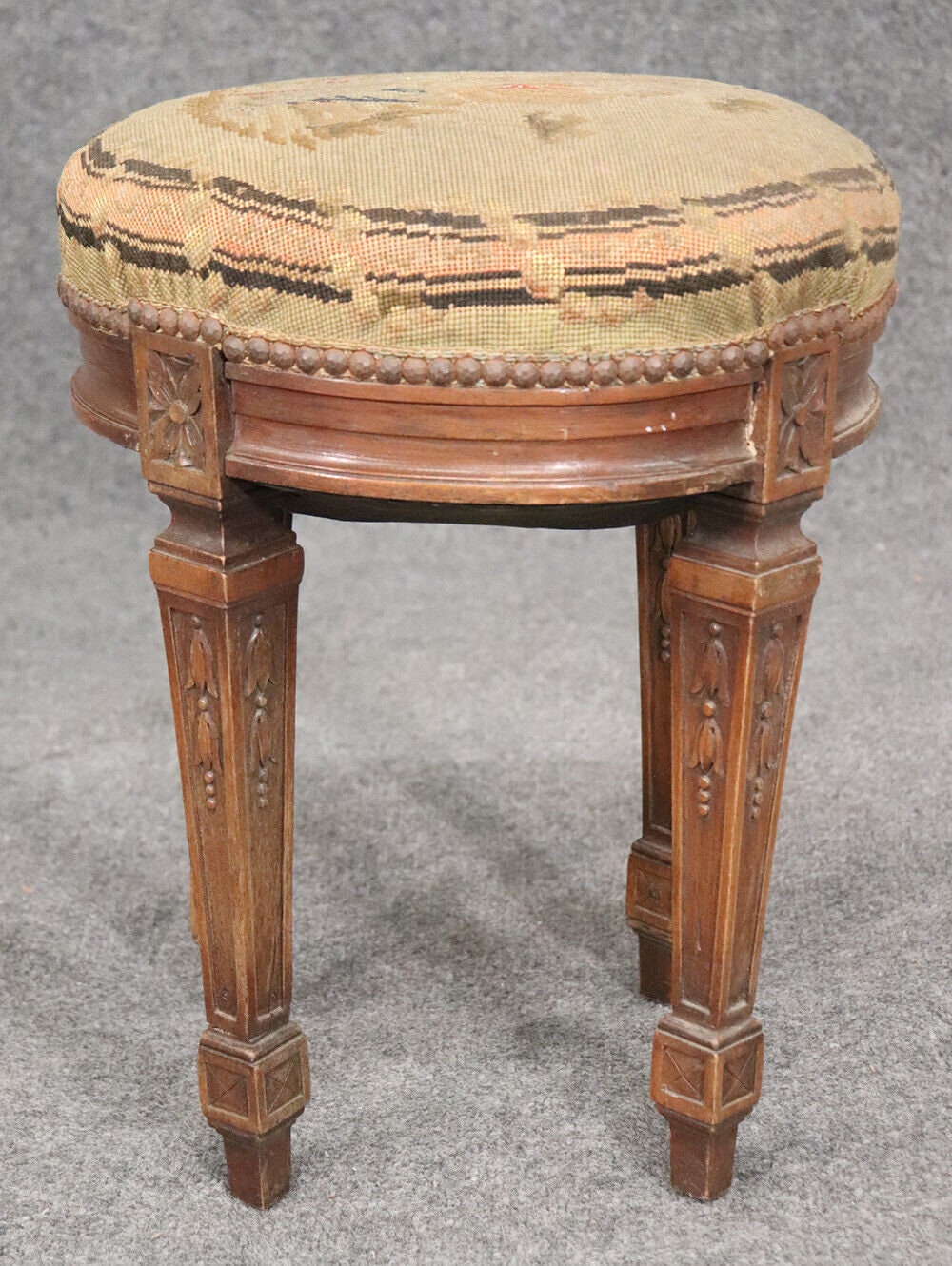 Petite Antique French Louis XVI Walnut Tapestry Needlepoint Upholstered Stool Vanity Stool Antique Furniture Antique Decor Vintage Furniture - Image 5
