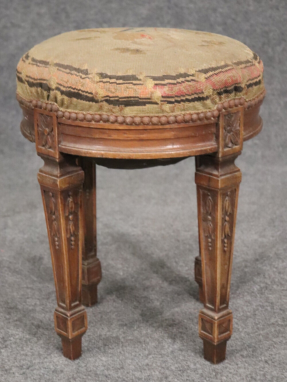 Petite Antique French Louis XVI Walnut Tapestry Needlepoint Upholstered Stool Vanity Stool Antique Furniture Antique Decor Vintage Furniture - Image 6