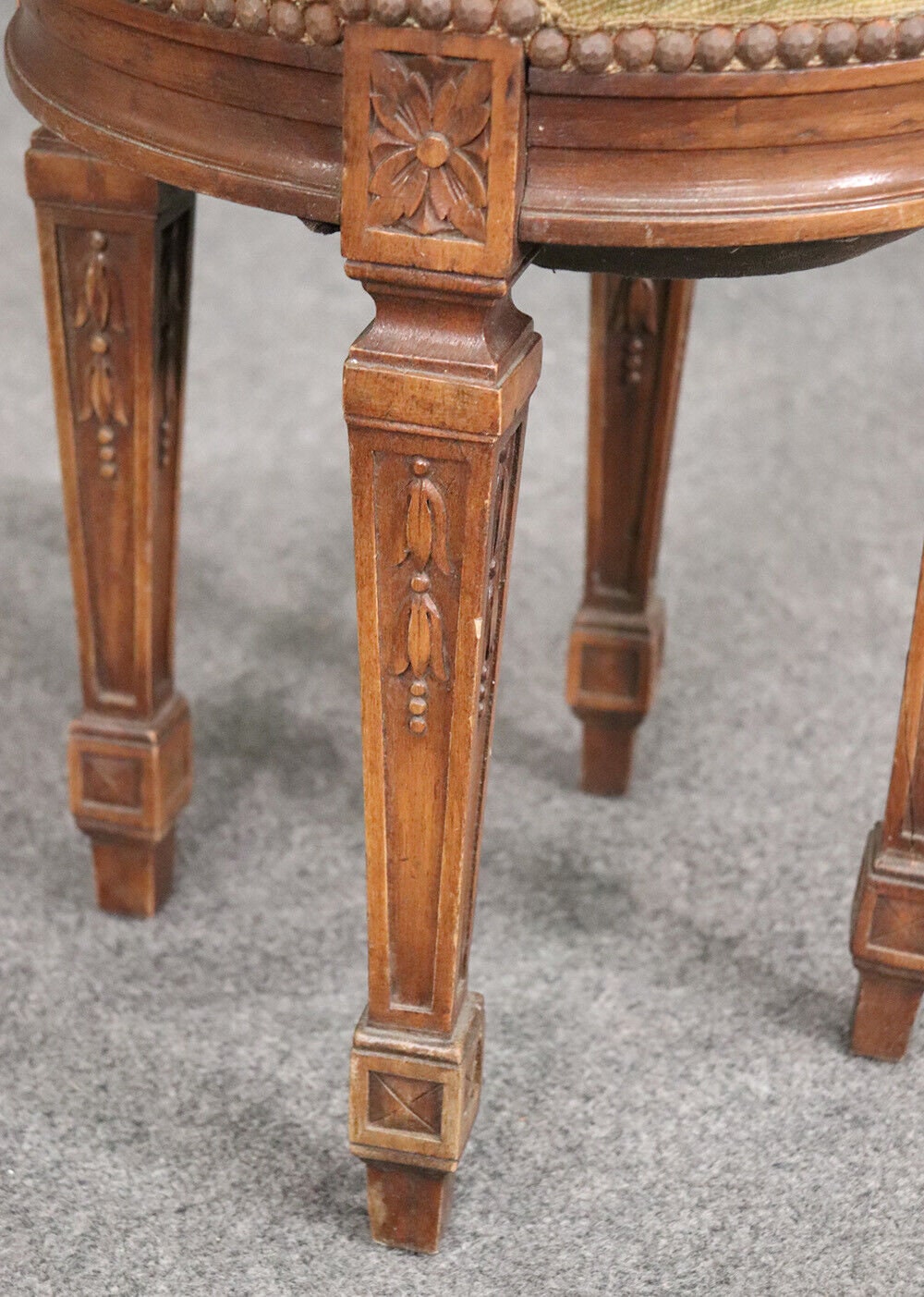 Petite Antique French Louis XVI Walnut Tapestry Needlepoint Upholstered Stool Vanity Stool Antique Furniture Antique Decor Vintage Furniture - Image 9