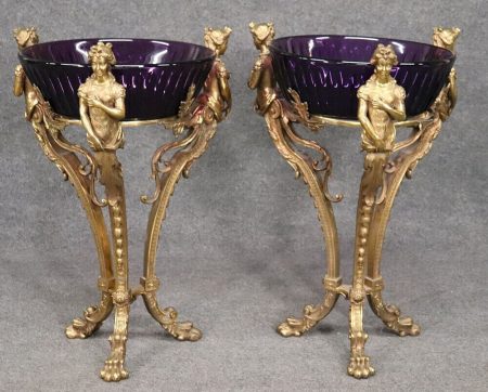 Best Figural Bronze Russian Amethyst Cut Glass jardineres, MCM