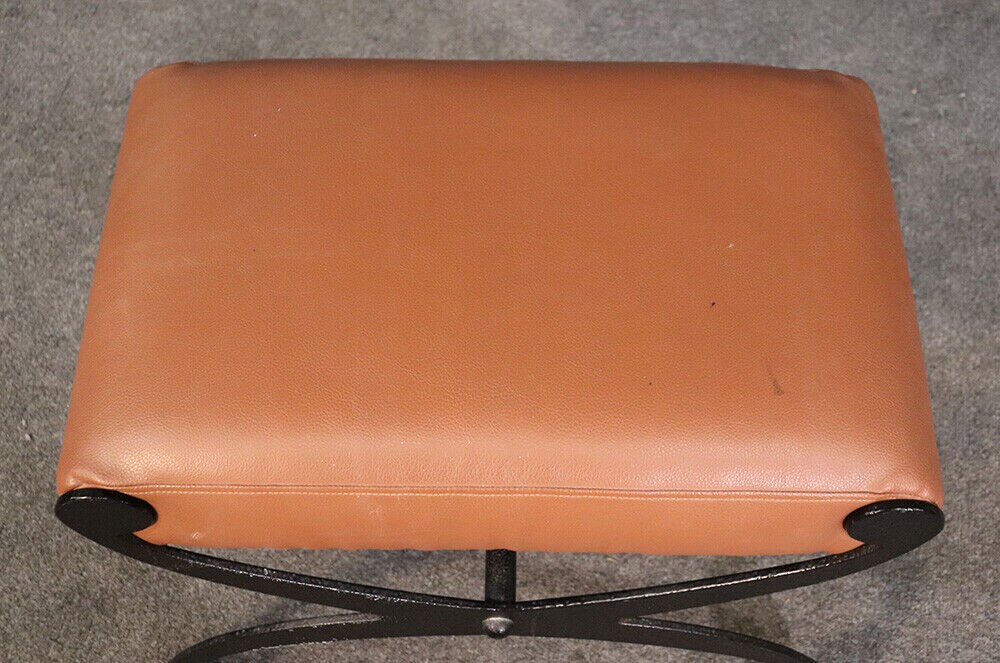 Chic Black Wrought Iron and Leather X Benches, Circa 1950 - Image 5