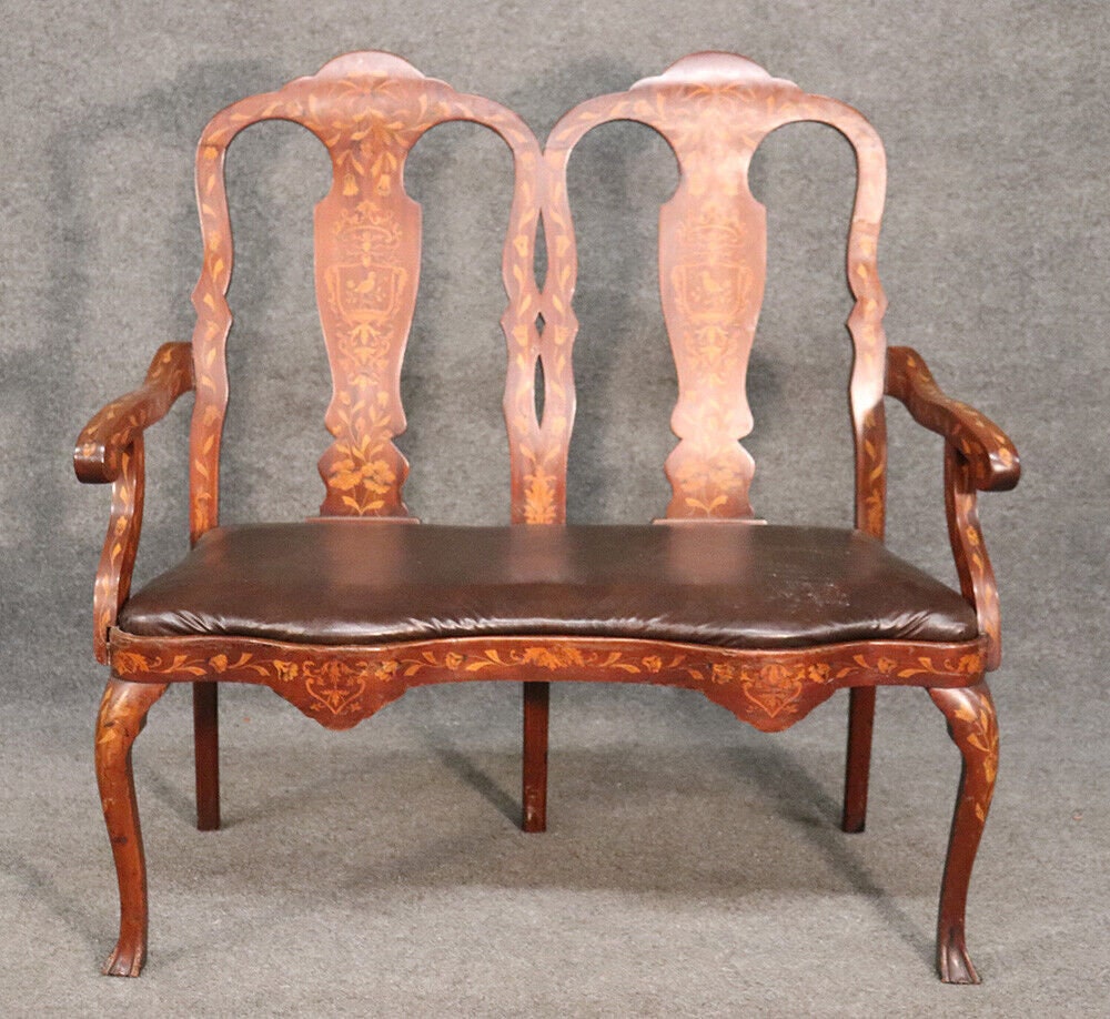Leather Upholstered Dutch Marquetry Inlaid Window Bench, Circa 1900 - Image 2