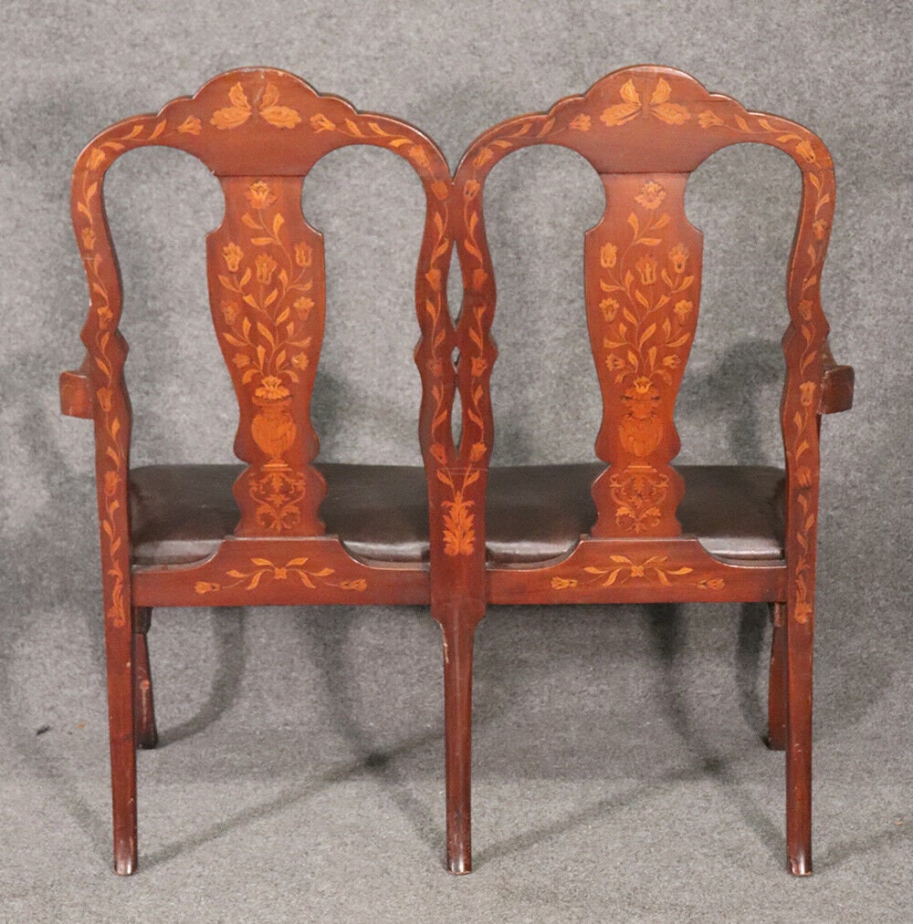 Leather Upholstered Dutch Marquetry Inlaid Window Bench, Circa 1900 - Image 4
