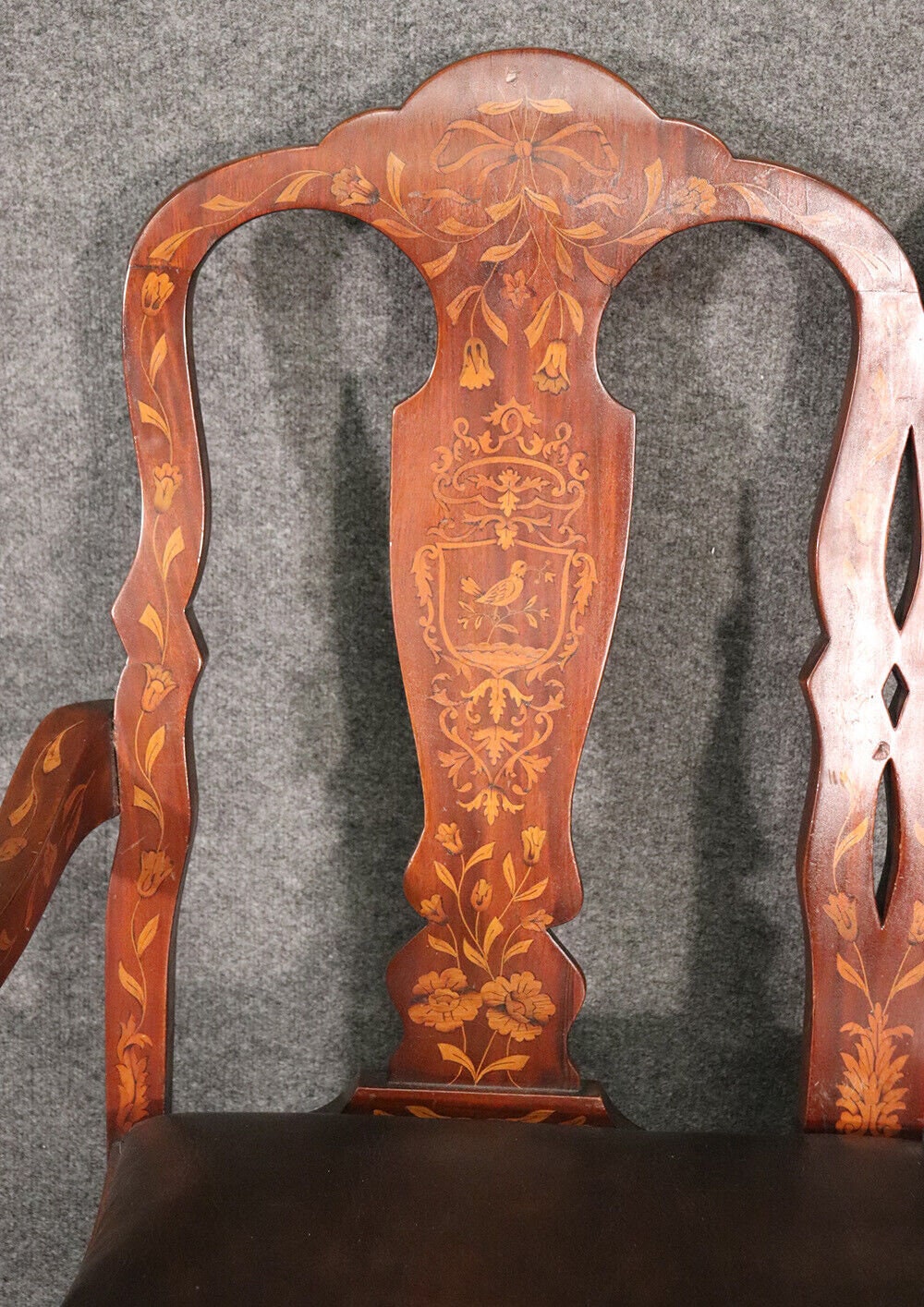 Leather Upholstered Dutch Marquetry Inlaid Window Bench, Circa 1900 - Image 6