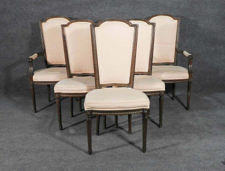Set of Six Carved Walnut French Louis XVI Tall Back Dining Chairs, circa 1940s