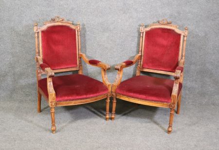 Pair of Antique Carved Walnut Louis XVI Fauteuil Armchairs, circa 1920