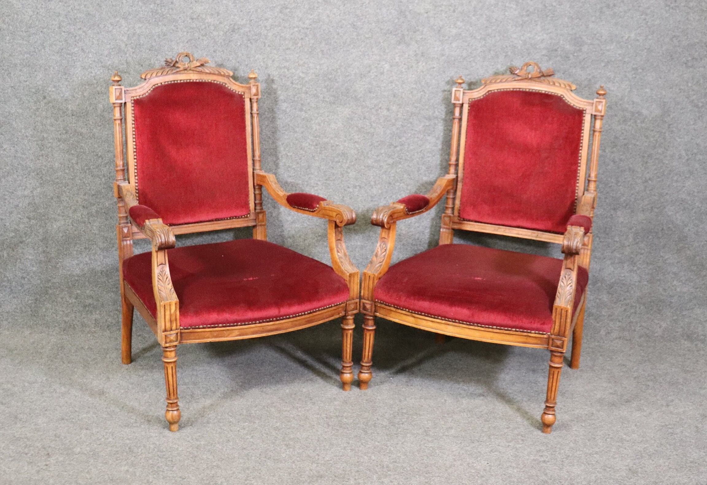 Pair of Antique Carved Walnut Louis XVI Fauteuil Armchairs, circa 1920