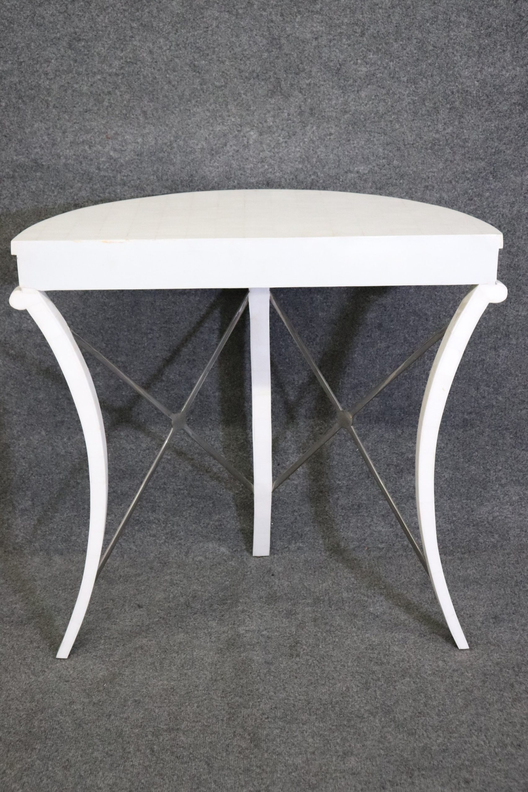 Mid Century Modern Regency Style Tessellated Top Demilune Console Table, MCM Furniture - Image 4