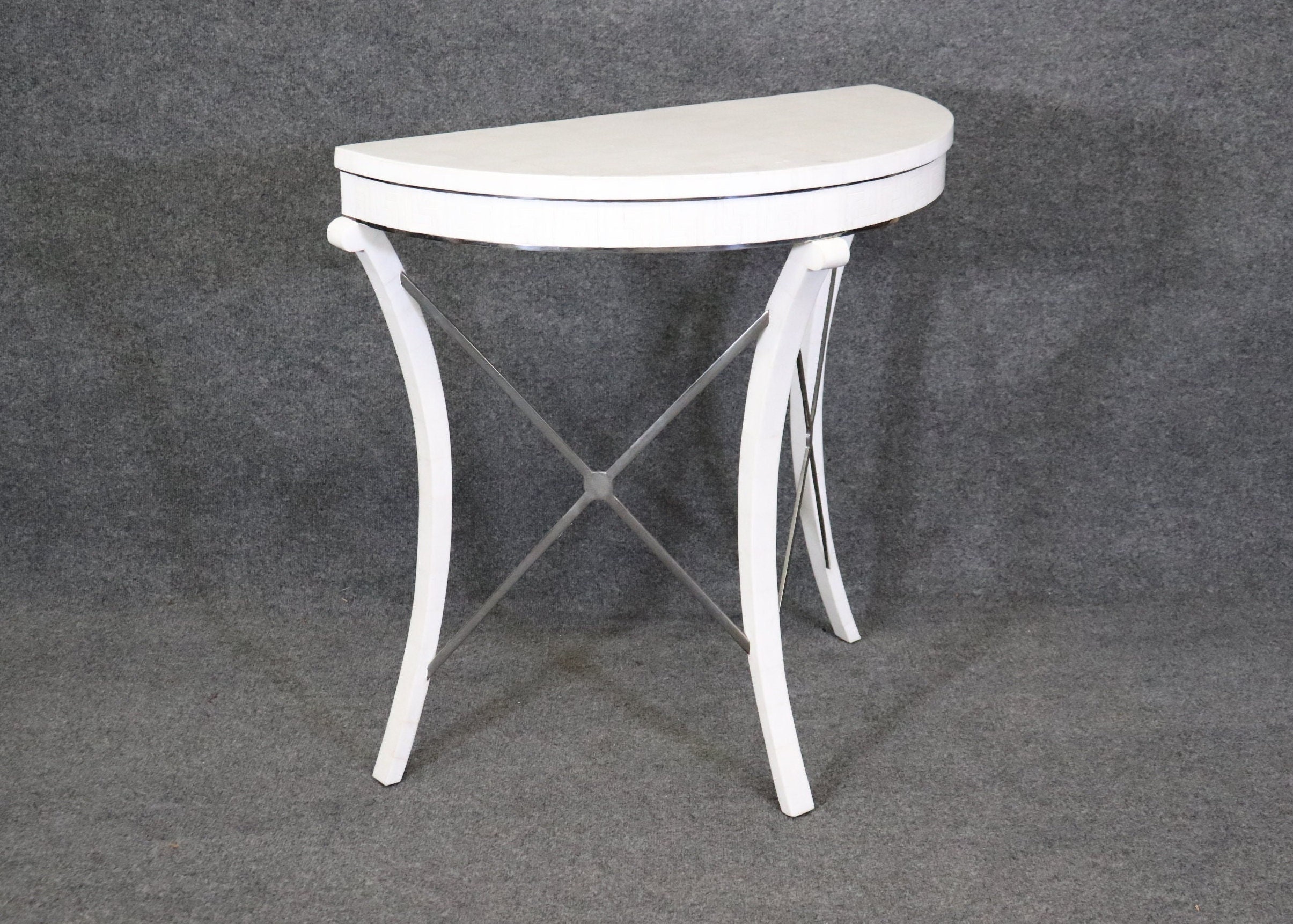 Mid Century Modern Regency Style Tessellated Top Demilune Console Table, MCM Furniture