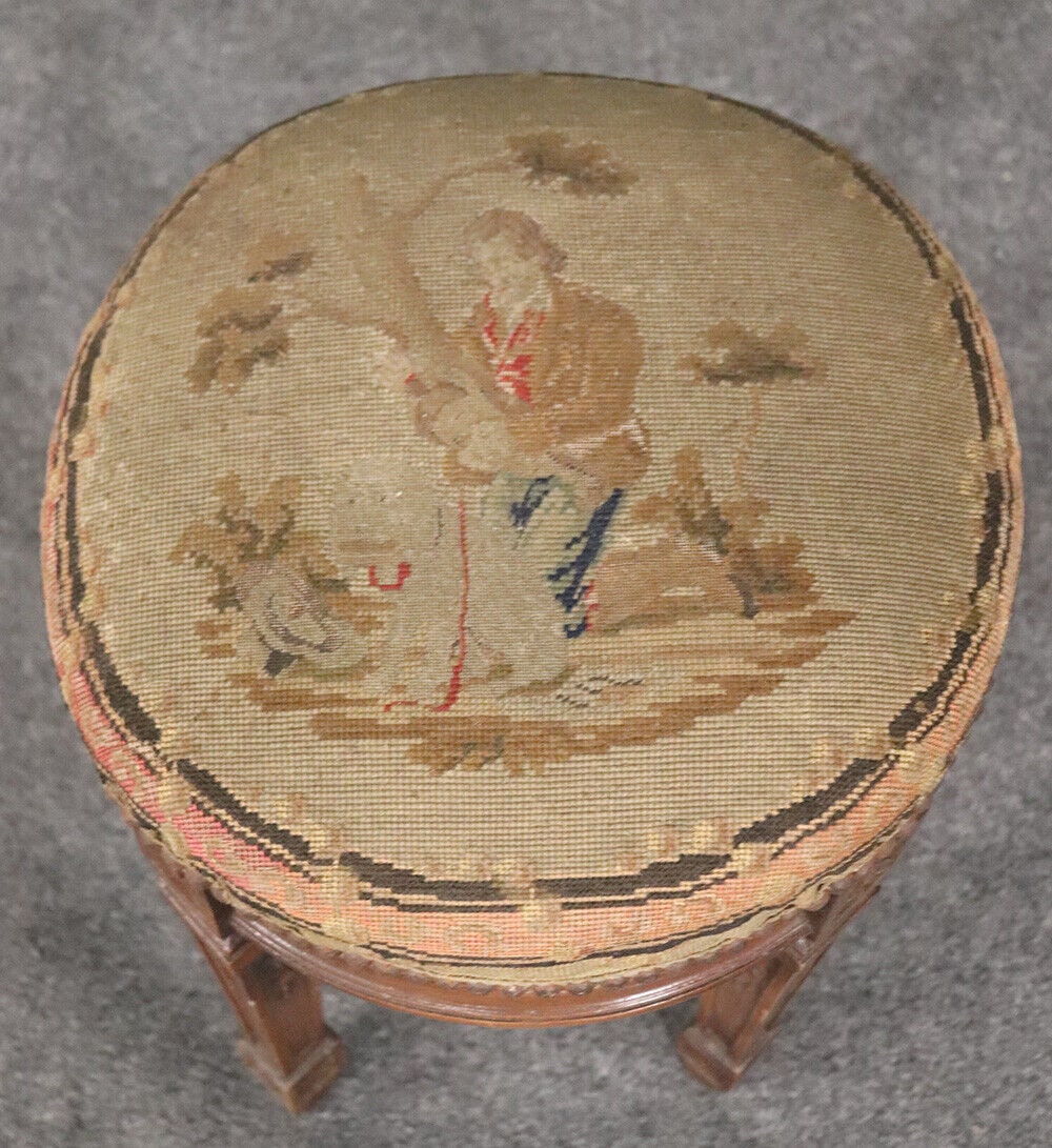 Petite Antique French Louis XVI Walnut Tapestry Needlepoint Upholstered Stool Vanity Stool Antique Furniture Antique Decor Vintage Furniture - Image 7