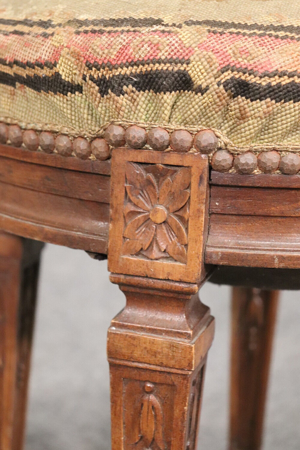 Petite Antique French Louis XVI Walnut Tapestry Needlepoint Upholstered Stool Vanity Stool Antique Furniture Antique Decor Vintage Furniture - Image 10