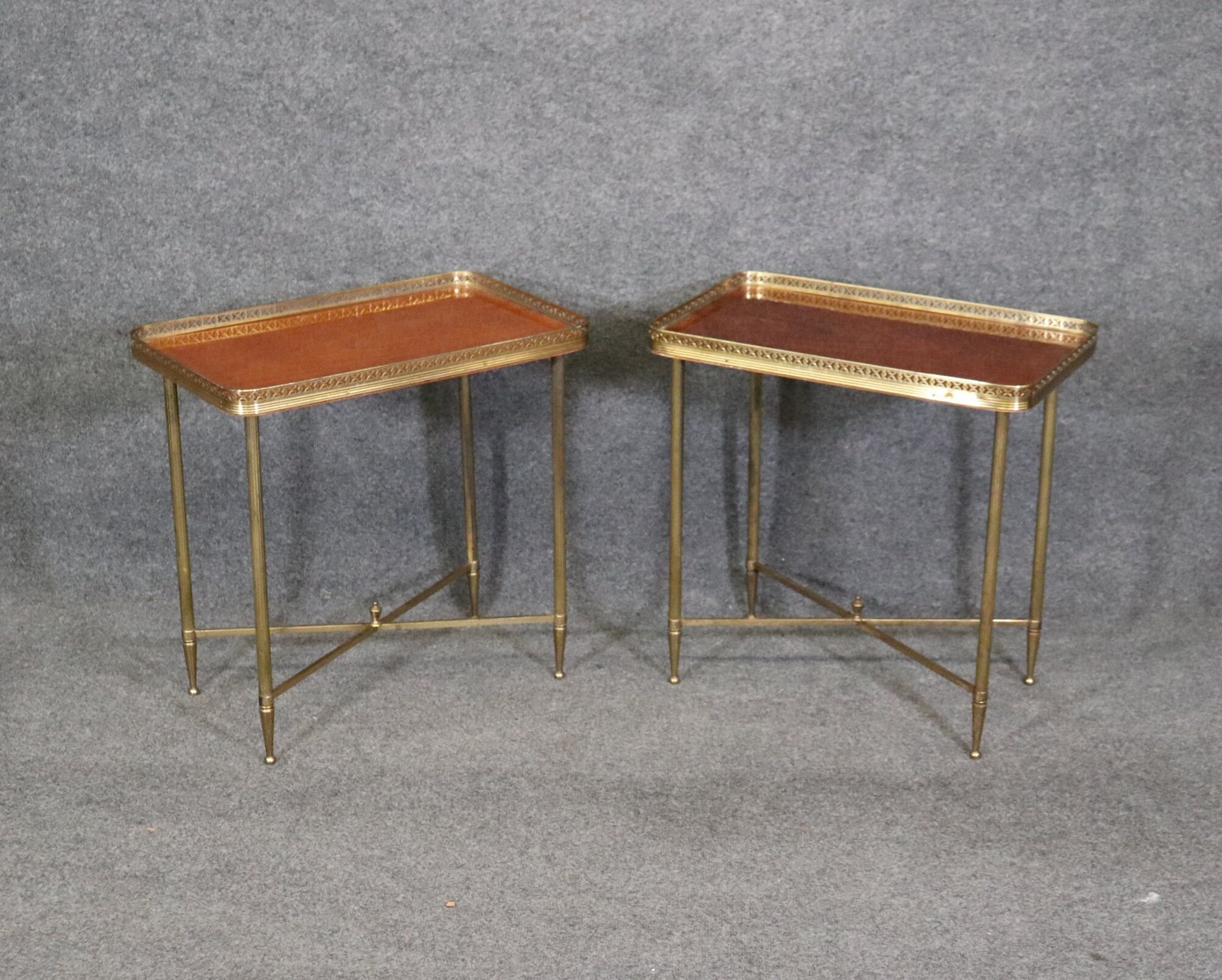 Pair of French Directoire Style Brass and Mahogany End Tables Attributed to Maison Jansen, Louis XVI
