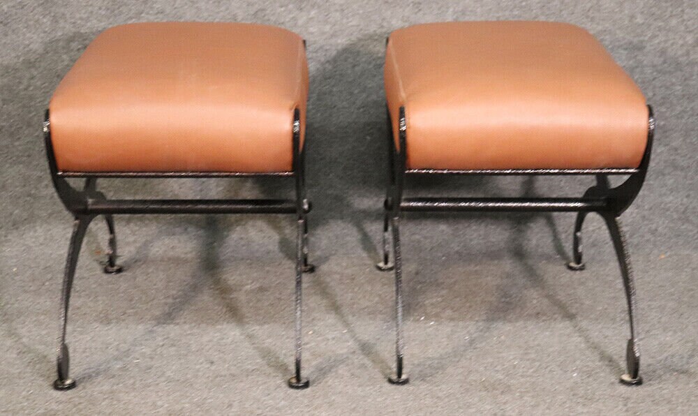 Chic Black Wrought Iron and Leather X Benches, Circa 1950 - Image 4