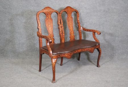 Leather Upholstered Dutch Marquetry Inlaid Window Bench, Circa 1900