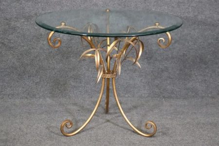 Gold Gilded Glass Top Tree Form Faux Bois Center End Table, MCM