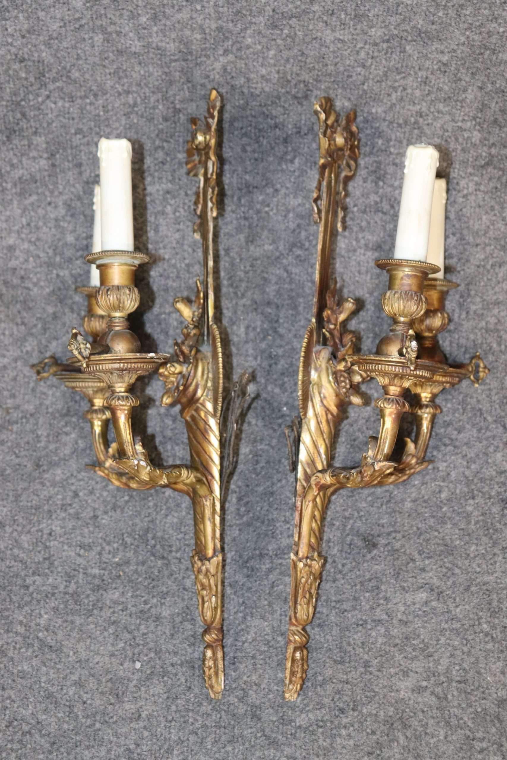 Pair Antique Louis XV Style French Brass Wall Sconces, Wall Decor - Image 3