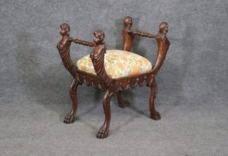 Figural Victorian Style Carved Walnut Bench, Stool